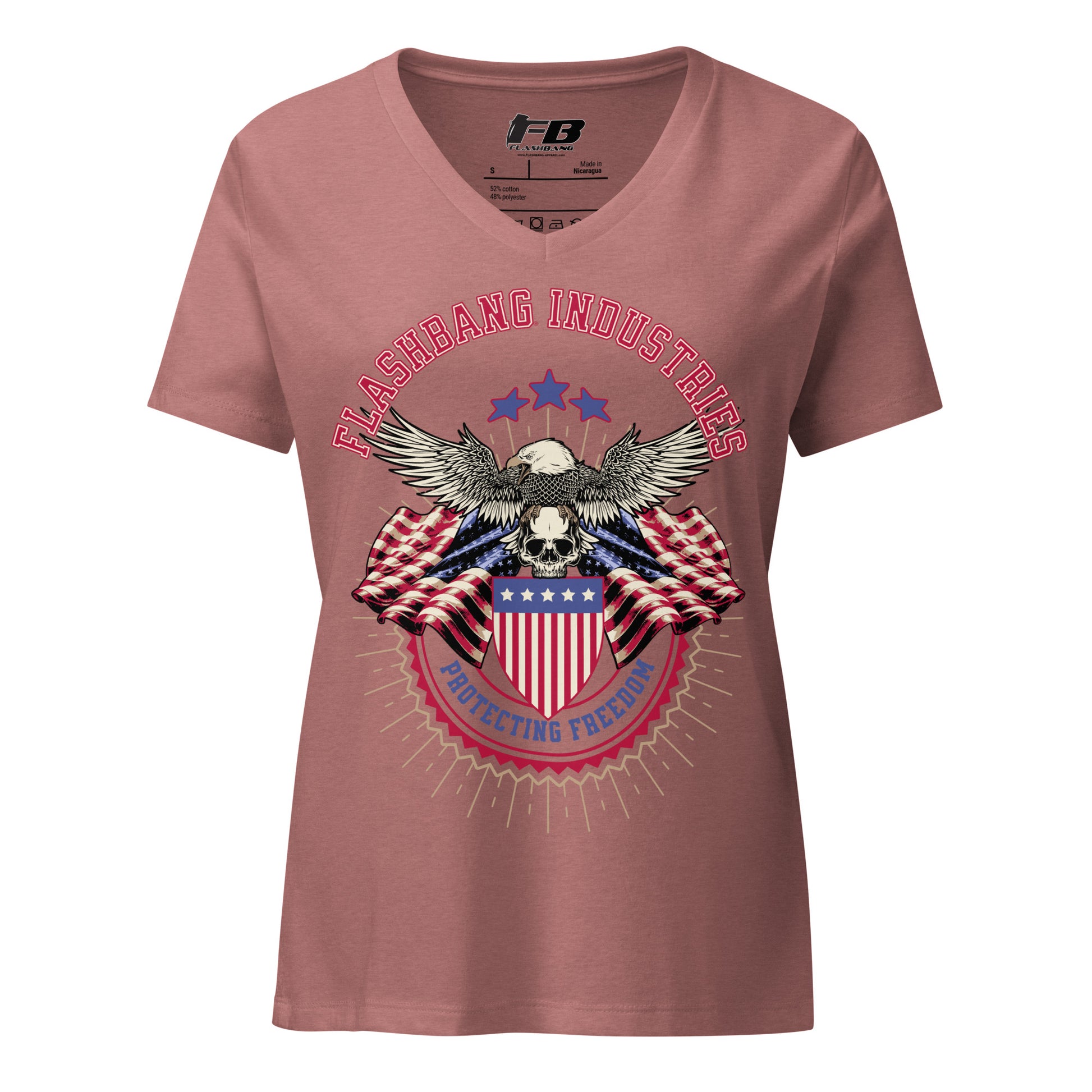 Pink t-shirt with eagle and American flag design on a white background