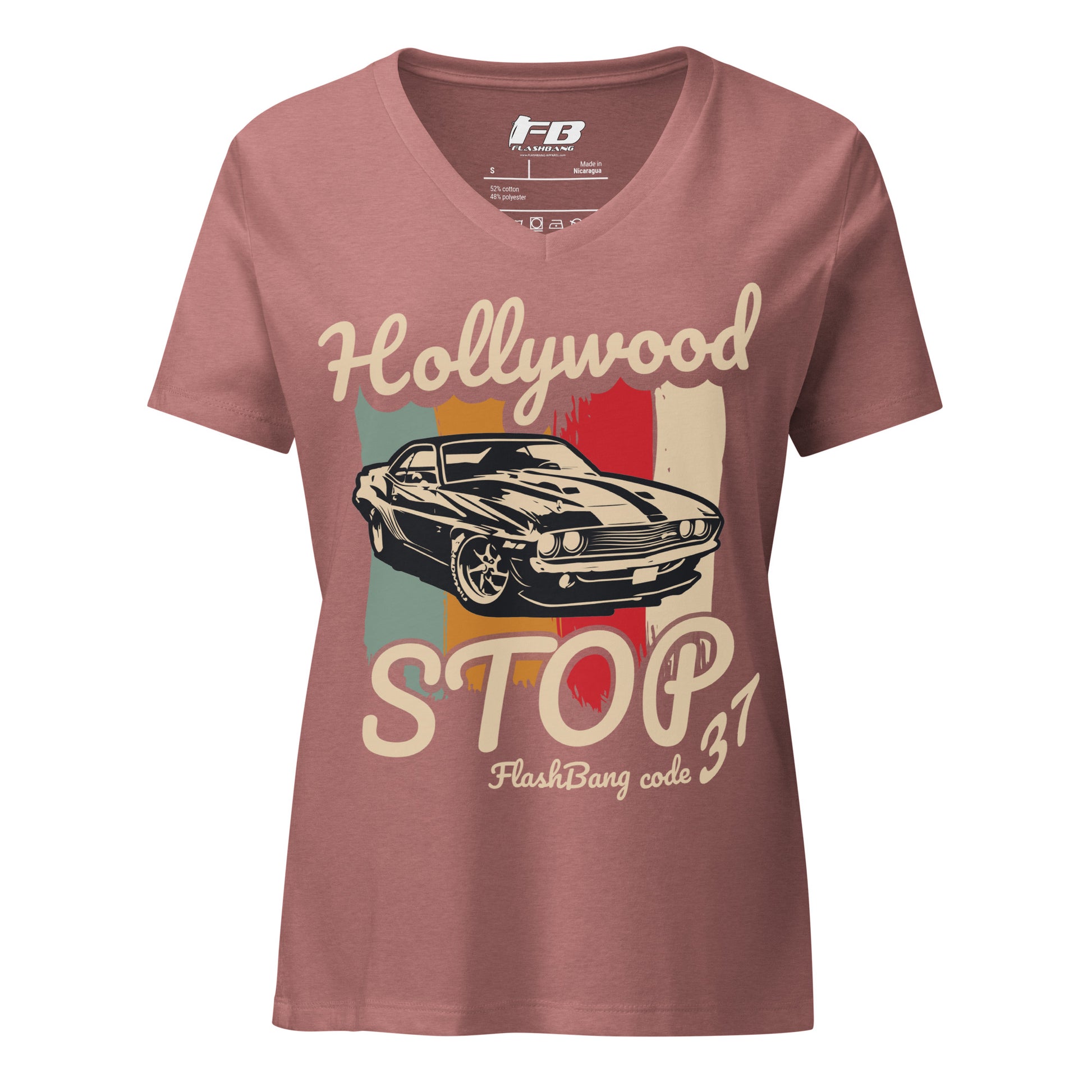 Maroon t-shirt with vintage car graphic and text on a white background