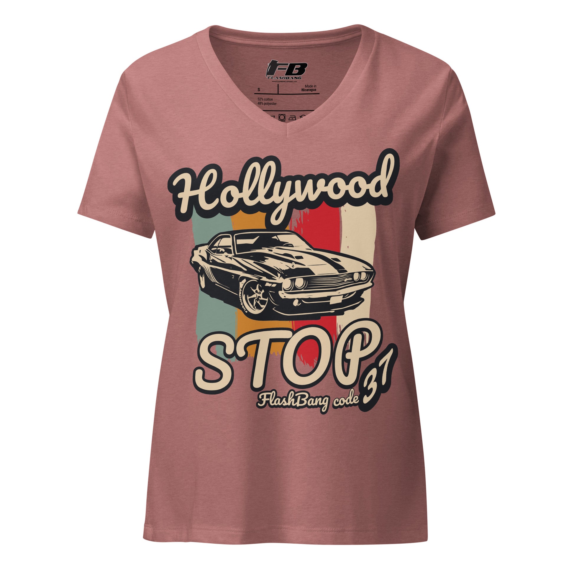 Pink t-shirt with vintage car graphic and 'Hollywood Stop' text on a white background