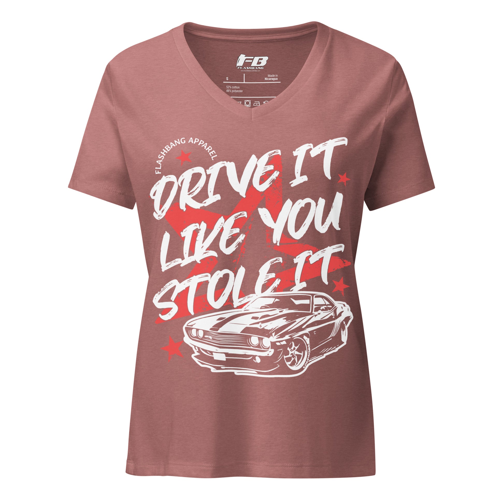 Maroon t-shirt with white graphic and text 'Drive It Like You Stole It' on a white background