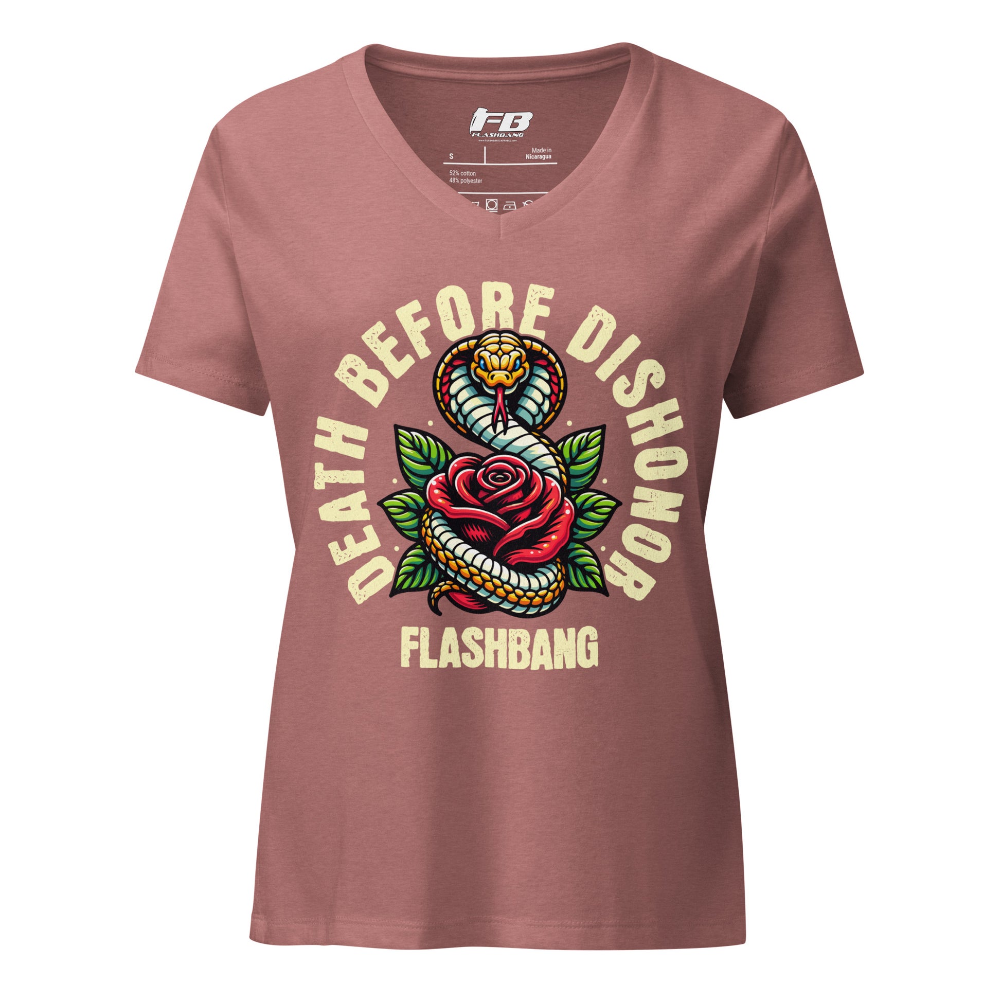 Mauve t-shirt with snake and rose graphic and 'Flashbang' text on a white background