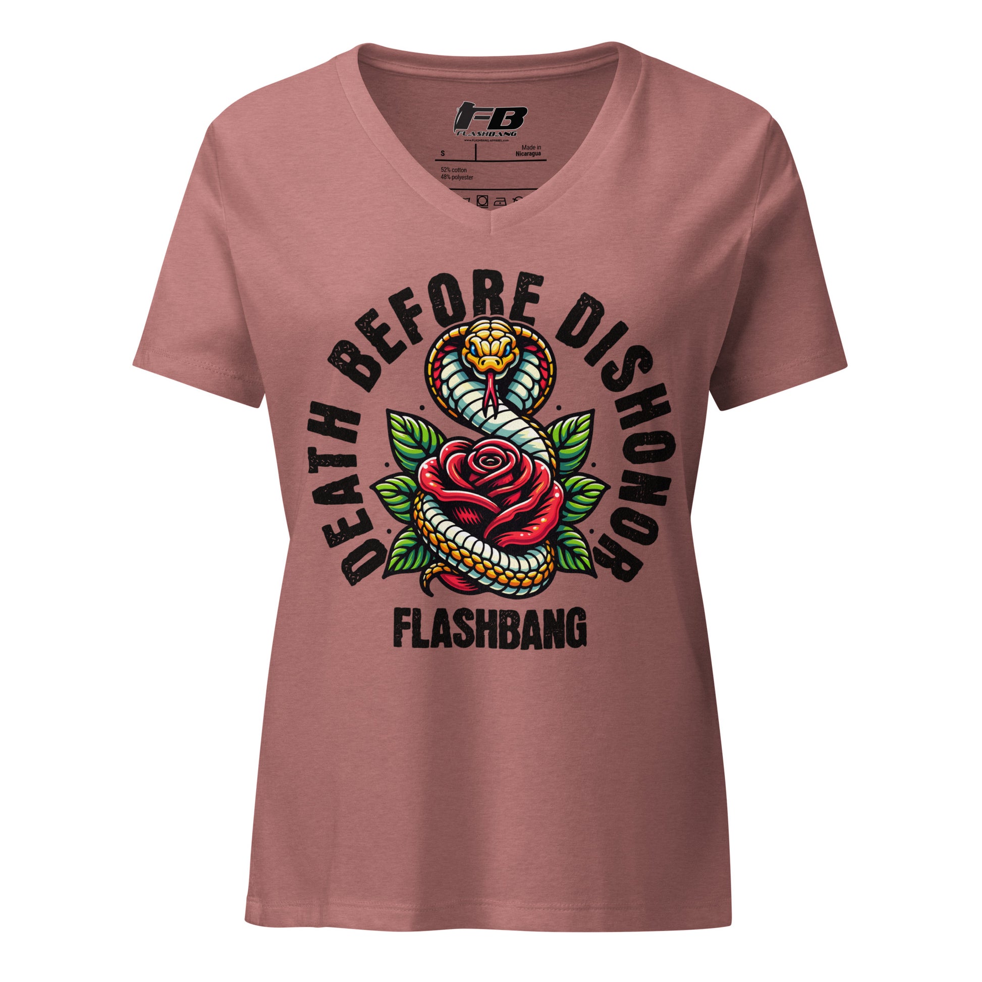 Pink t-shirt with snake and rose graphic and 'Flashbang' text on a white background
