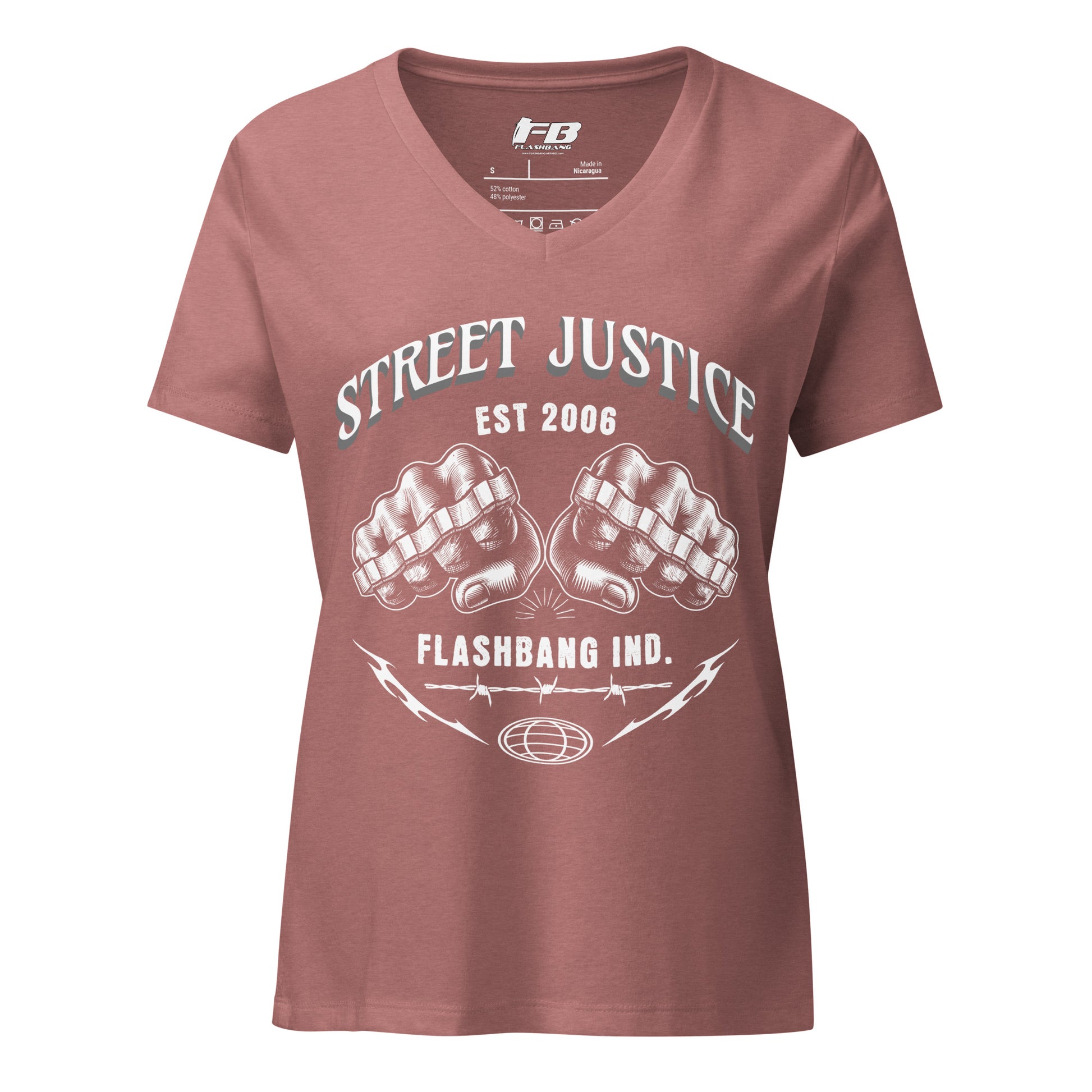 Red t-shirt with 'Street Justice' graphic design on a white background