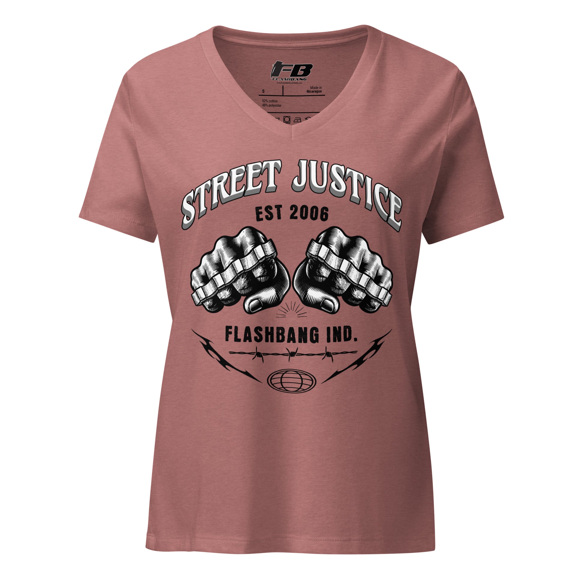 Pink t-shirt with 'Street Justice' graphic design on a white background