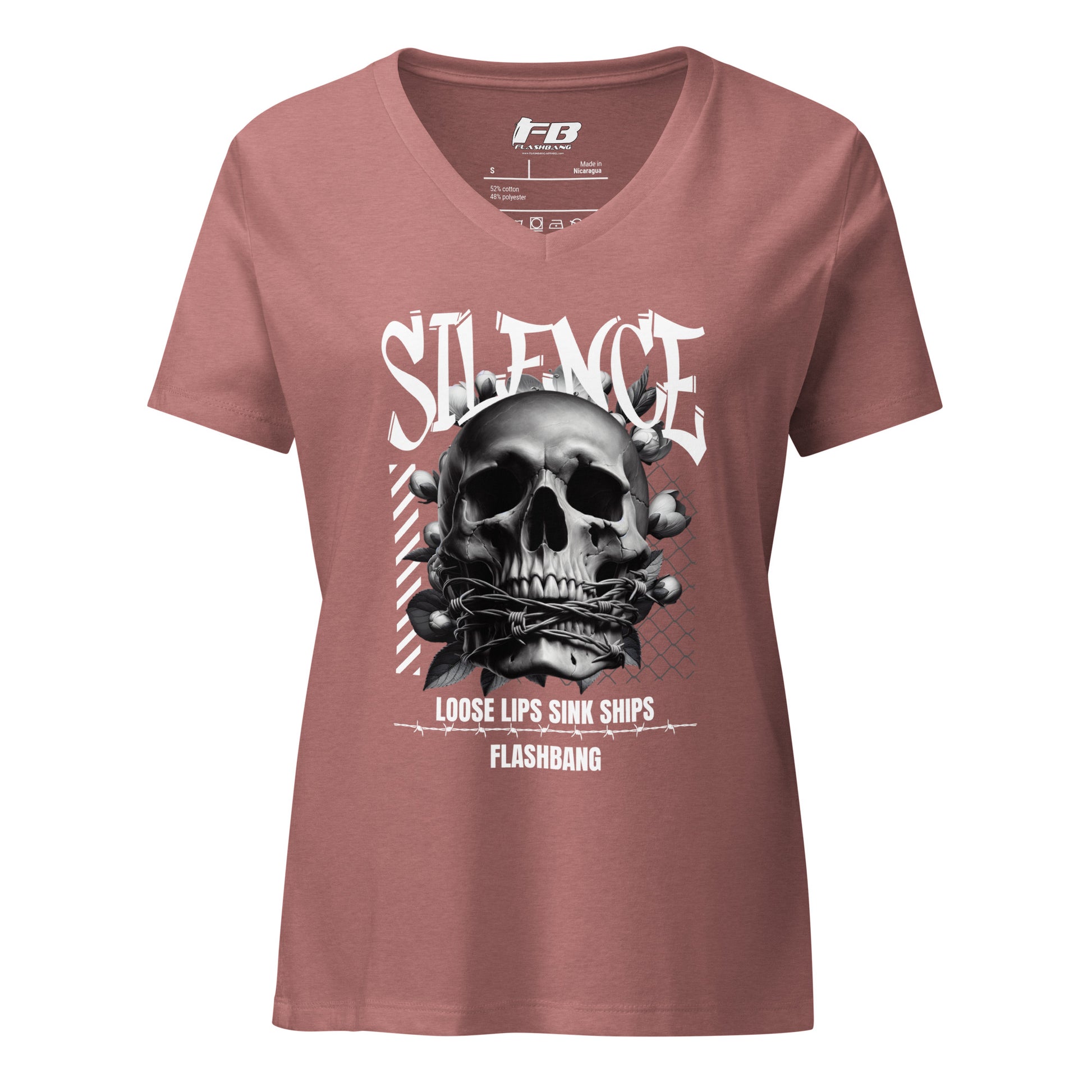 Mauve t-shirt with skull graphic and text on a white background