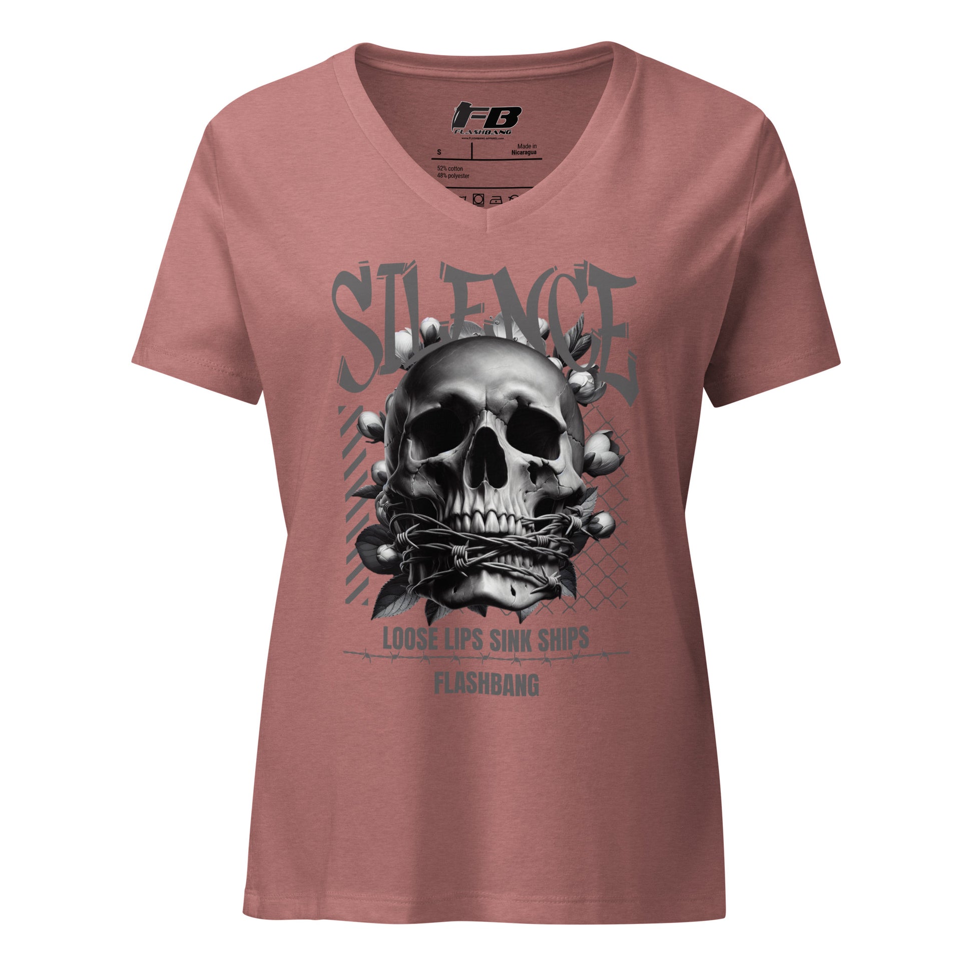 Pink t-shirt with skull graphic and text on a white background