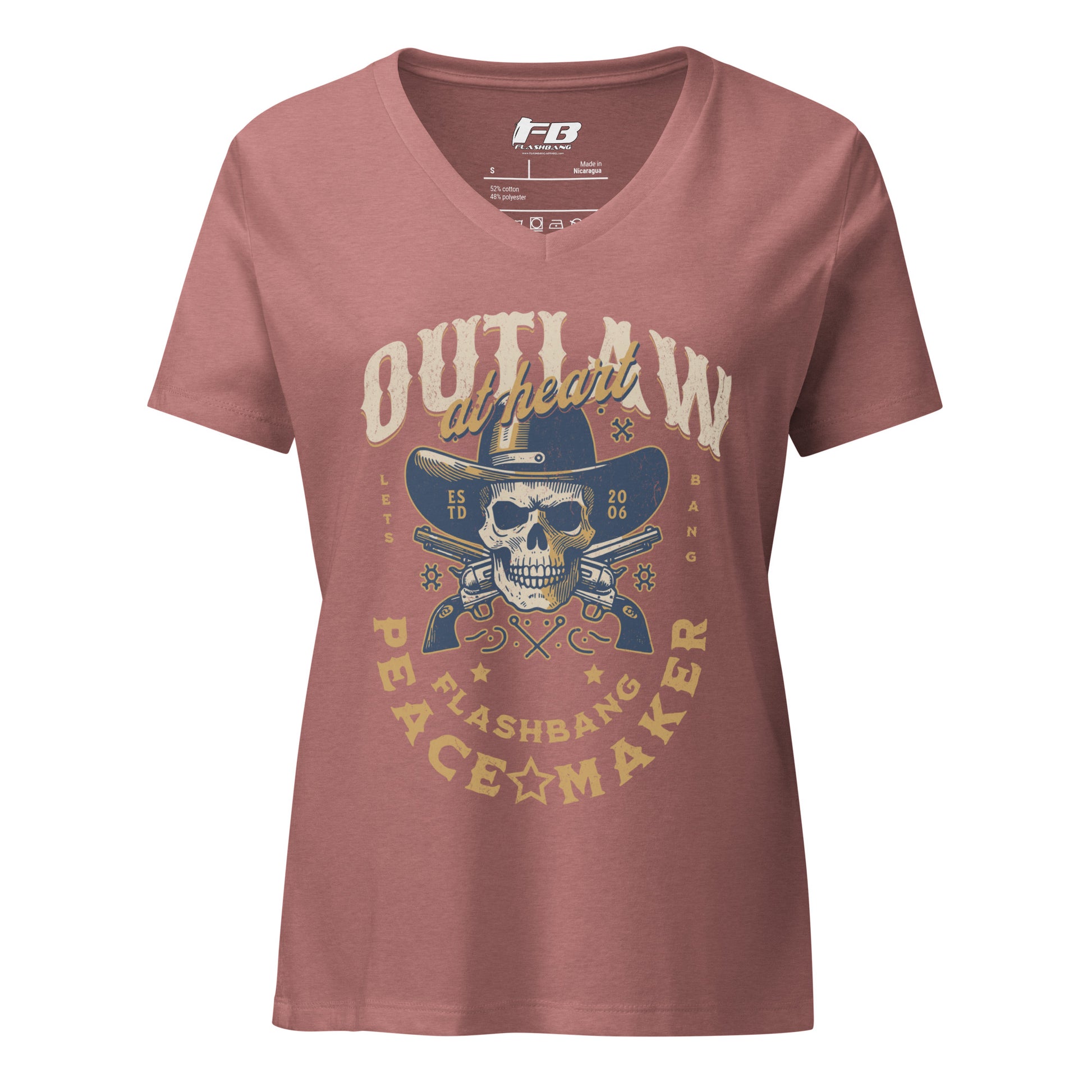 Reddish-brown t-shirt with a graphic design featuring a skull, cowboy hat, and text on a white background.