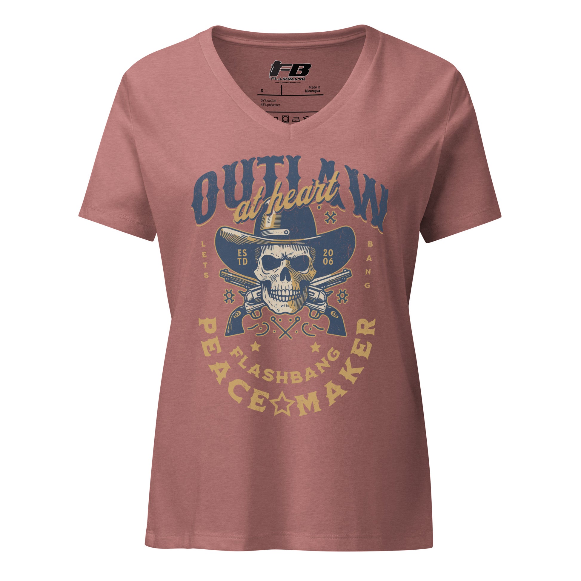 Pink t-shirt with a skull and crossbones design and text on a white background