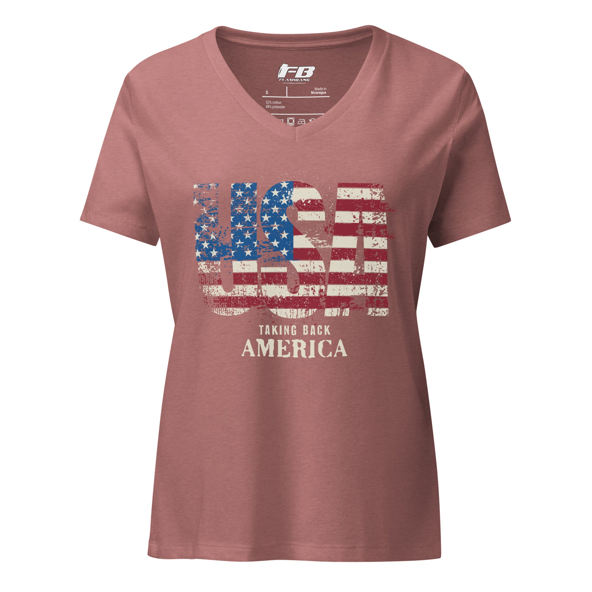 Maroon t-shirt with American flag graphic and text on a white background