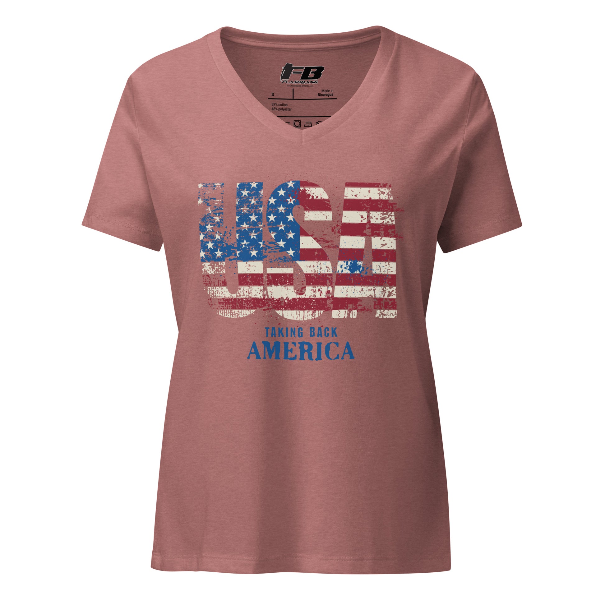 Pink t-shirt with American flag design and text on a white background