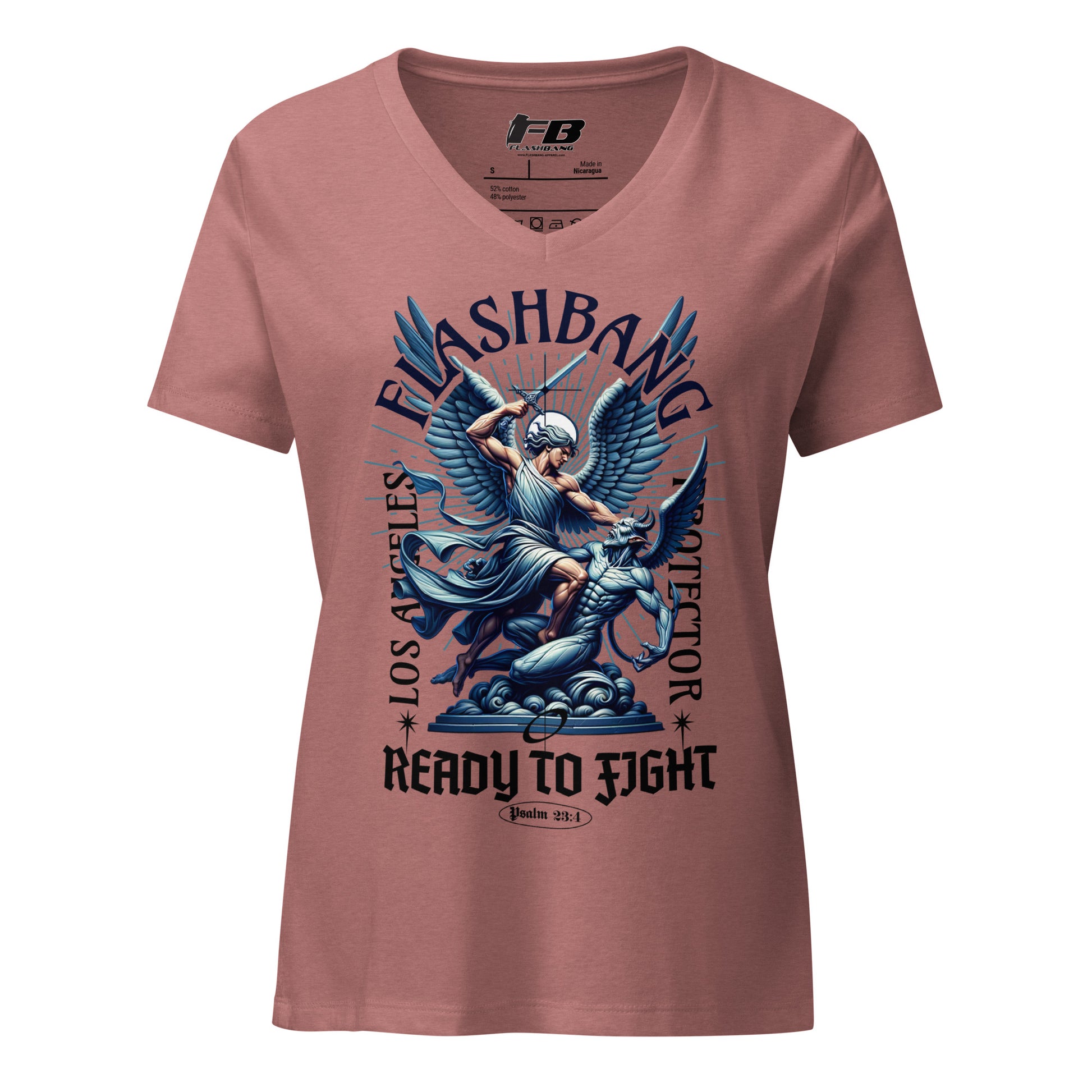 Pink t-shirt with graphic design and text on a white background