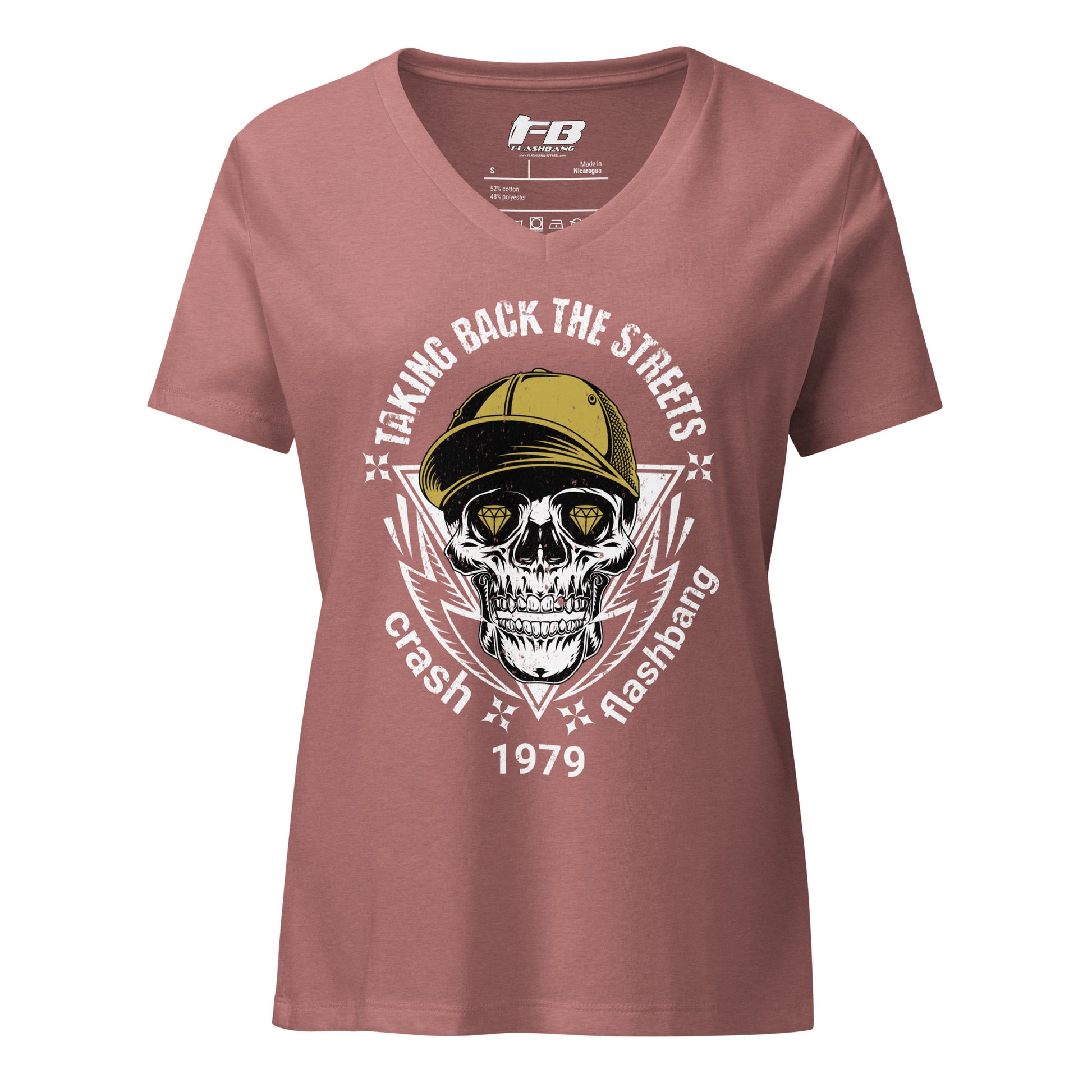 Maroon t-shirt with skull and hat graphic and text on a white background