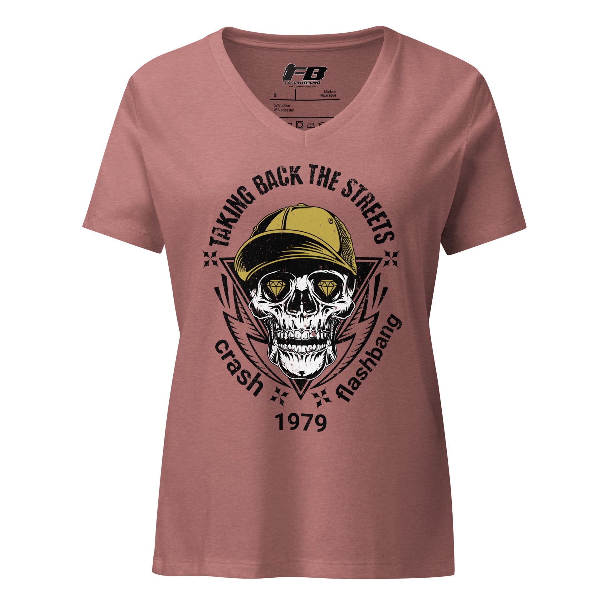 Pink t-shirt with skull graphic and text on a white background