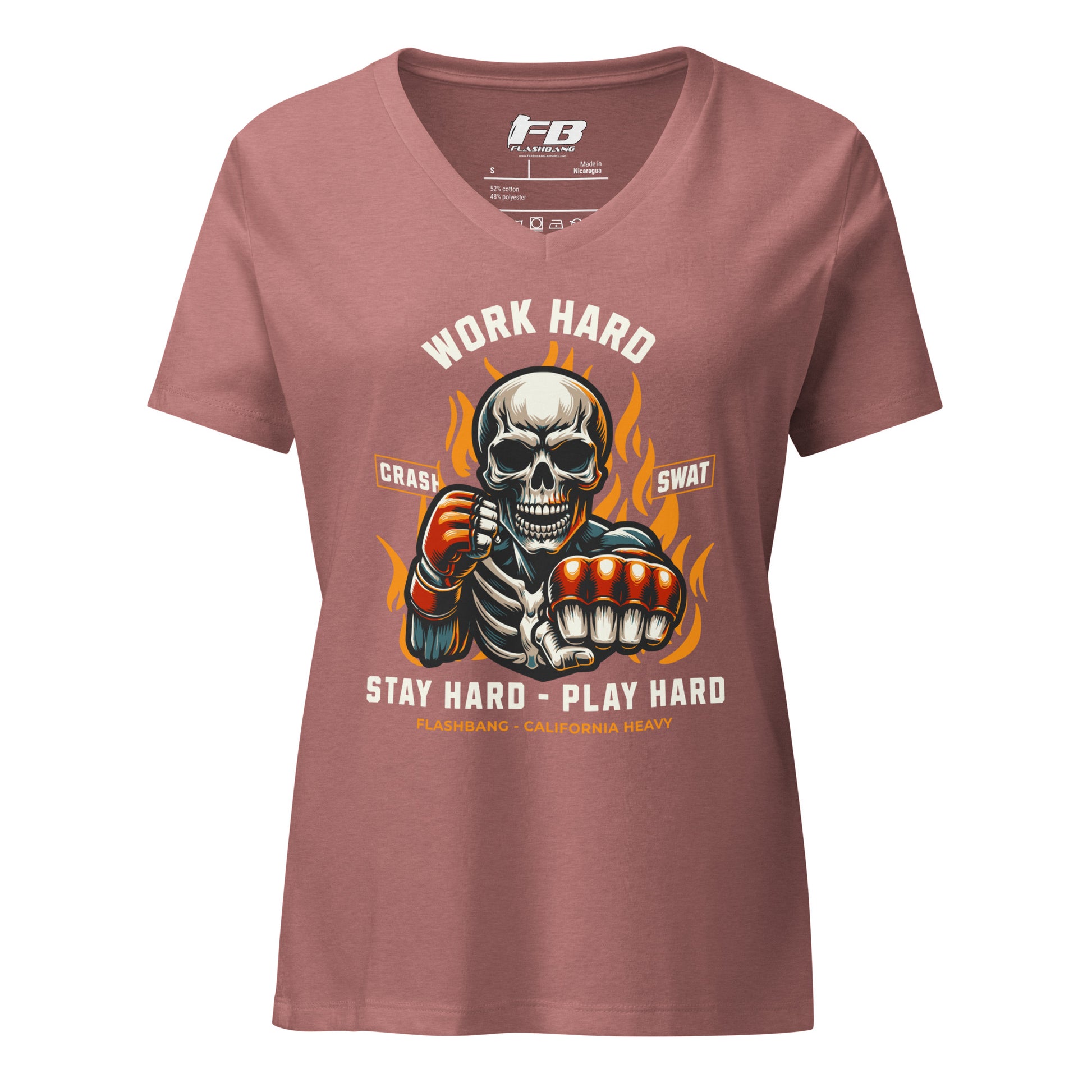 Maroon t-shirt with a graphic of a skeleton and motivational text on a white background