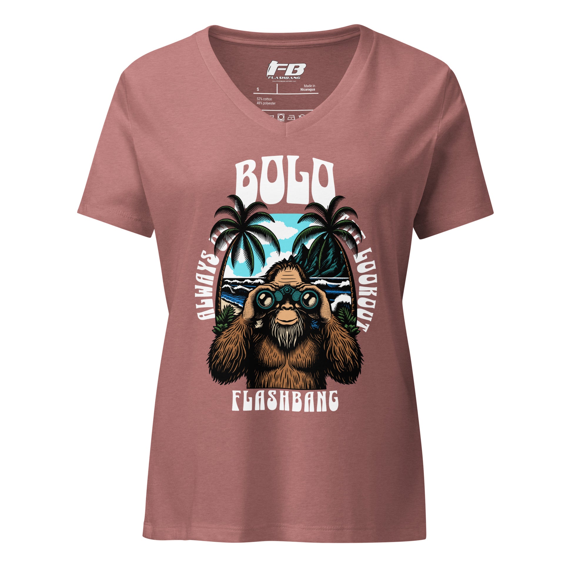 Maroon t-shirt with a graphic design of a bear wearing sunglasses and palm trees on a white background.