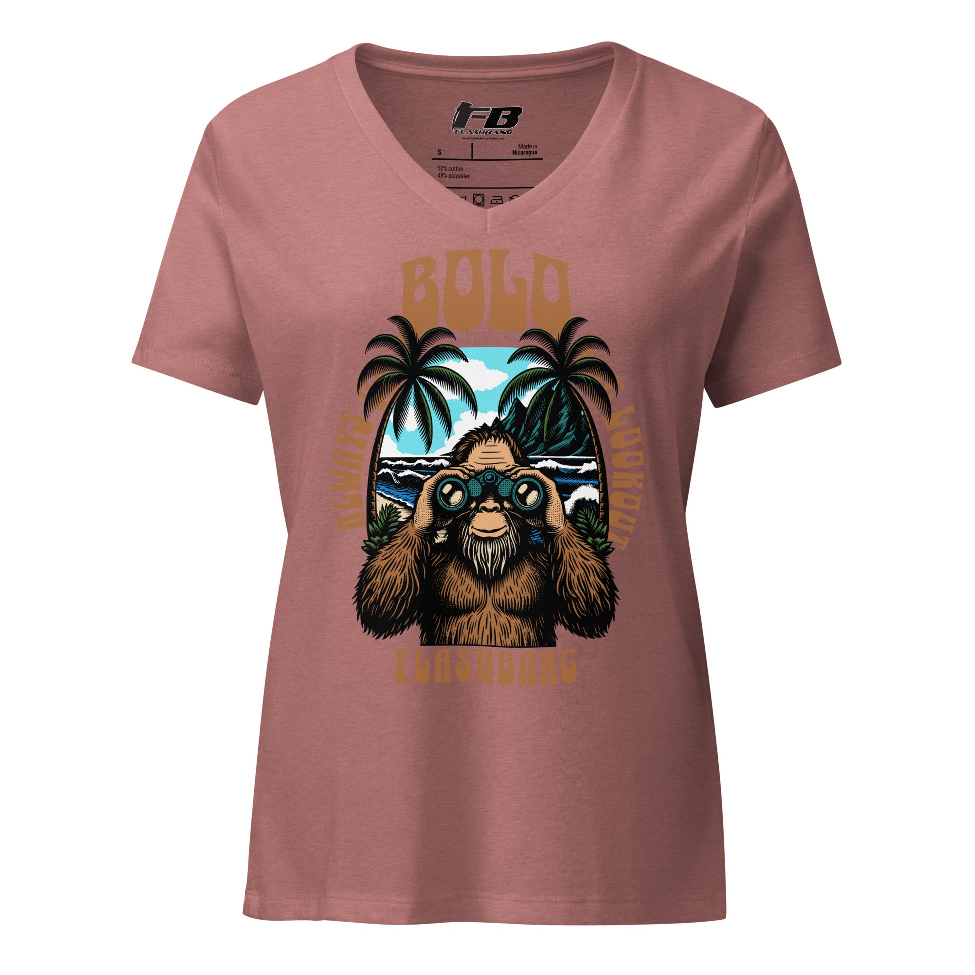 Pink t-shirt with a graphic of a bear wearing binoculars and palm trees, with 'F-B' branding on a white background.