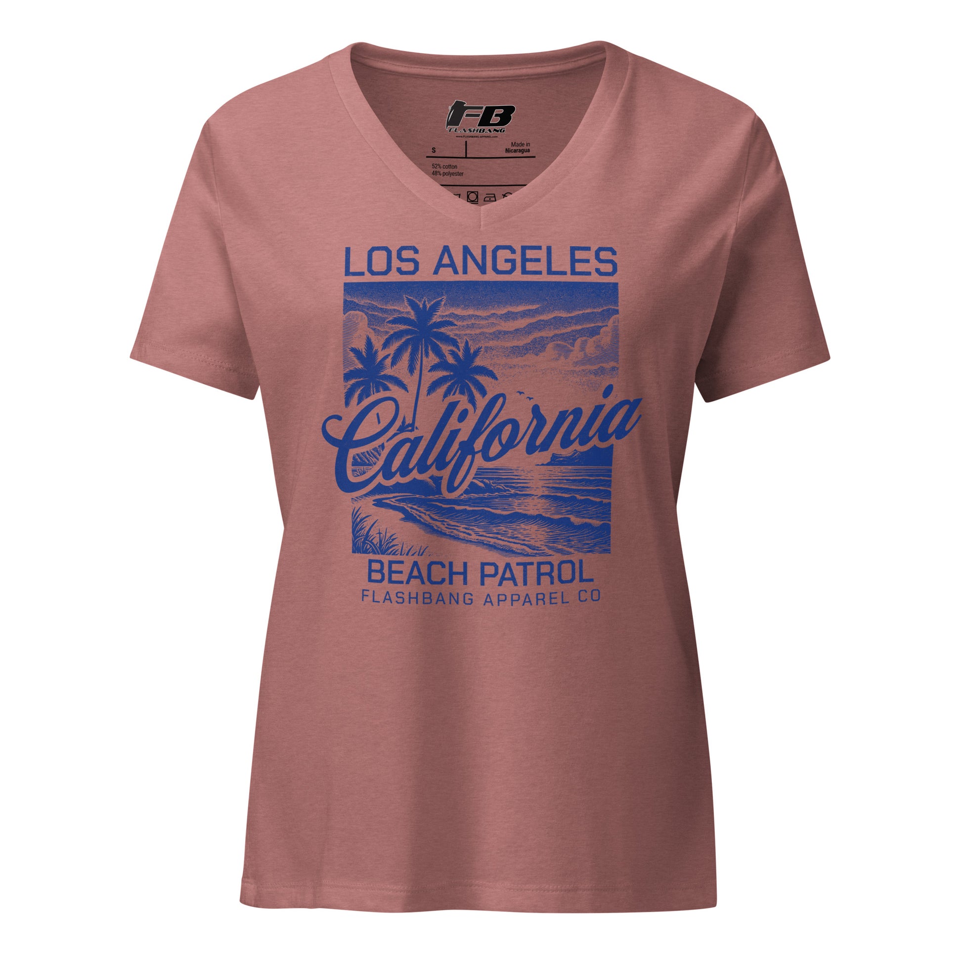 Pink t-shirt with 'Los Angeles California Beach Patrol' design on a white background