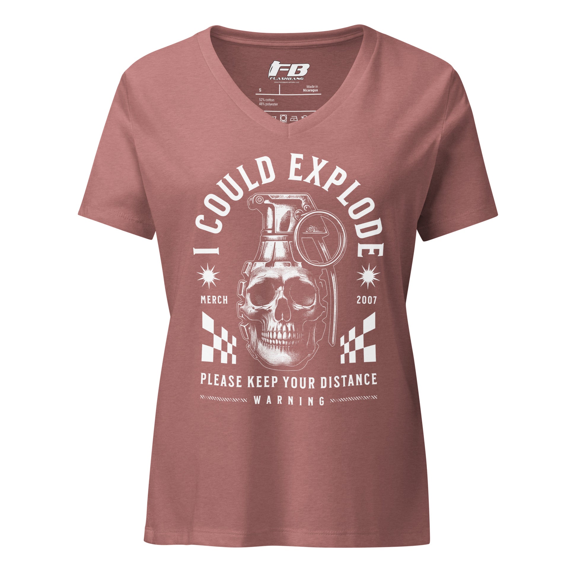 Mauve t-shirt with graphic design and text on a white background