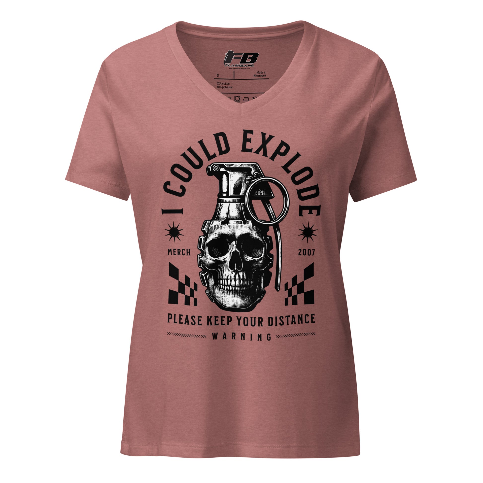 Pink t-shirt with a graphic design featuring a skull and grenade on a white background
