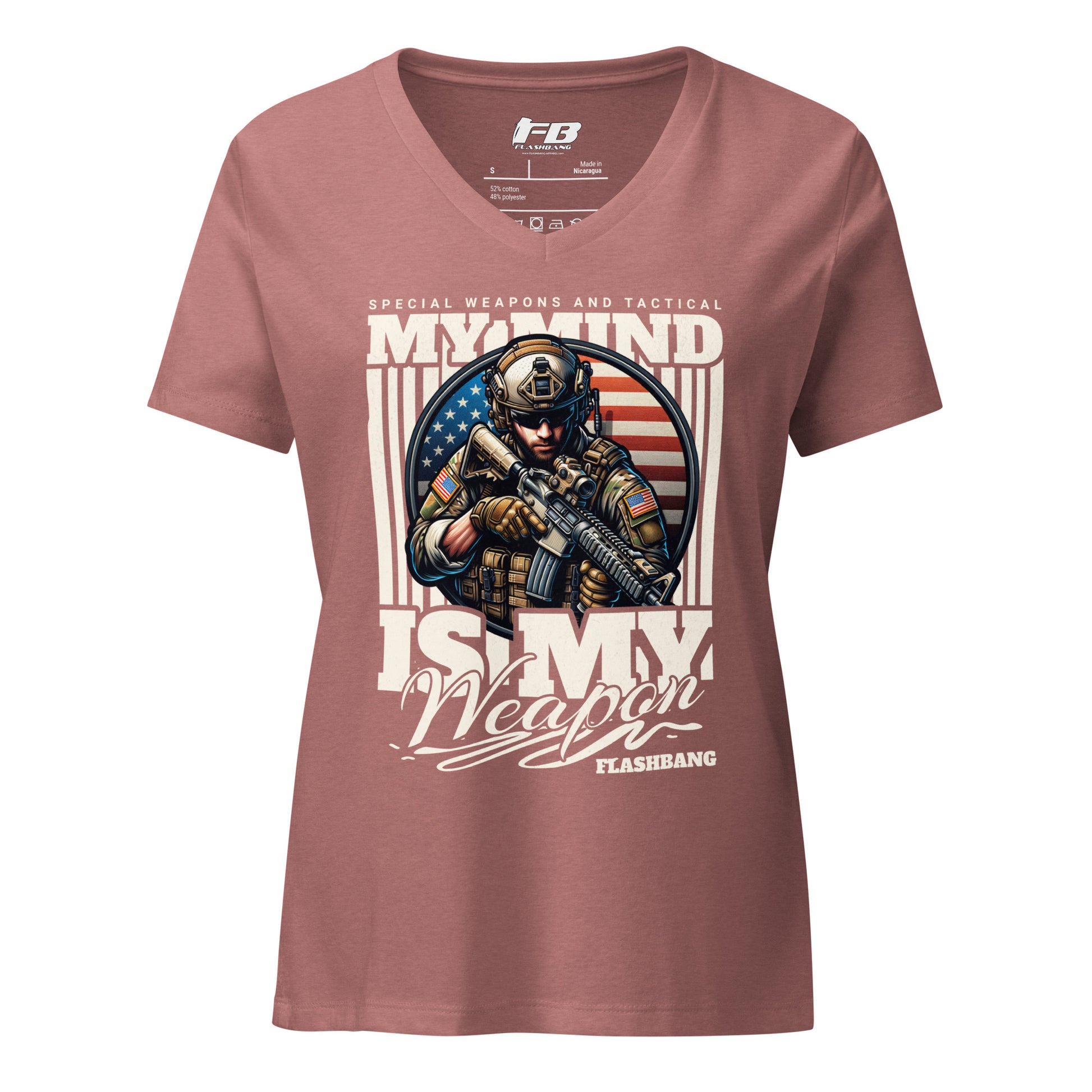 Maroon t-shirt with graphic design of a soldier and text on a white background