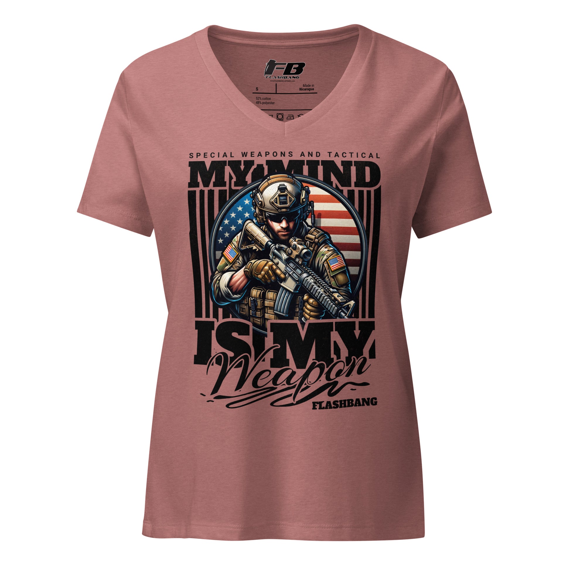 Pink t-shirt with military-themed graphic and text on a white background