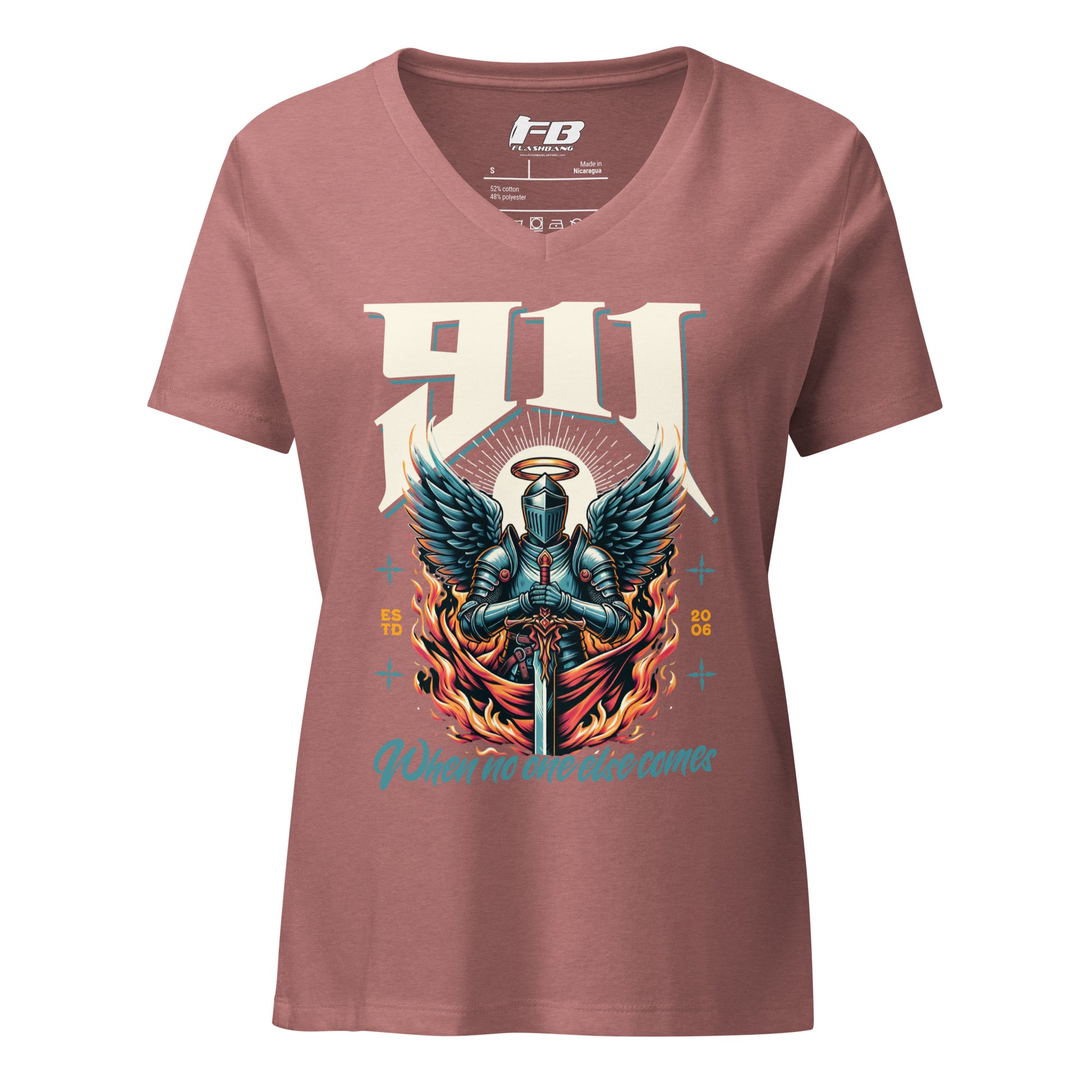 Maroon t-shirt with a graphic design of a knight holding a sword on a white background