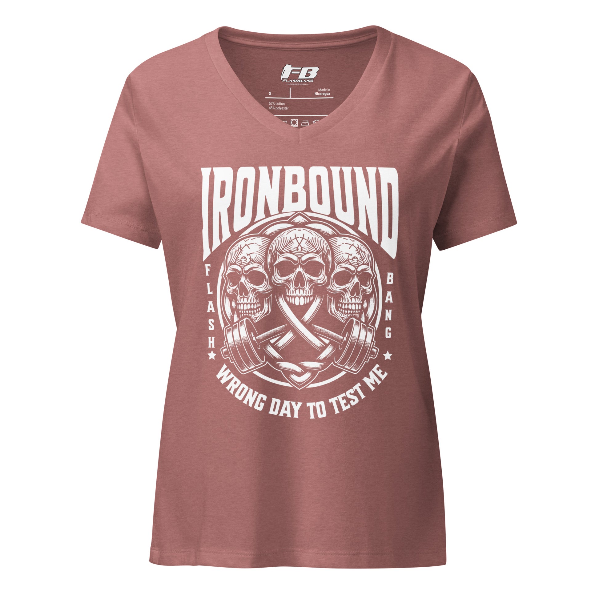 Maroon t-shirt with white graphic design and text on a white background