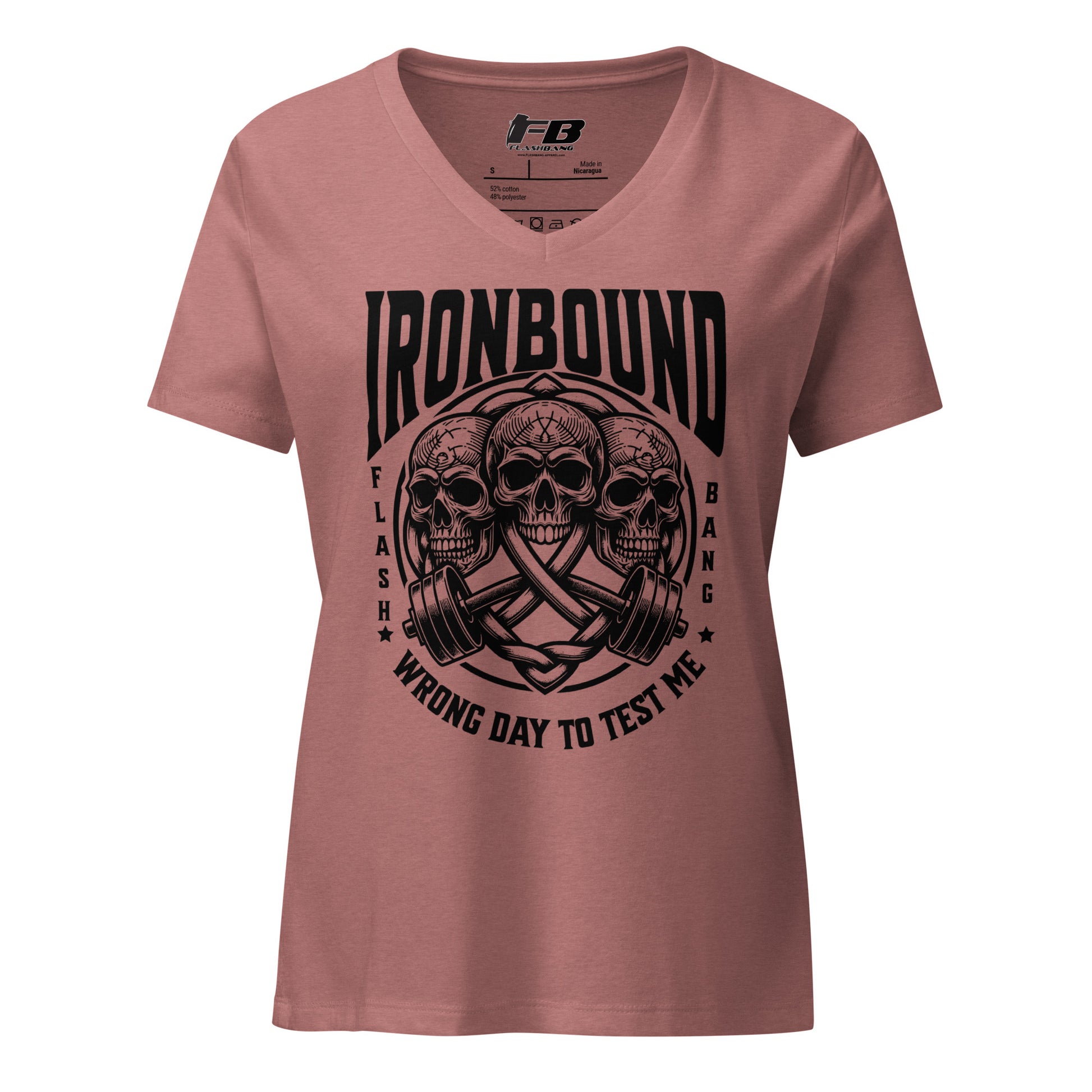 Pink t-shirt with black graphic design and text on a white background