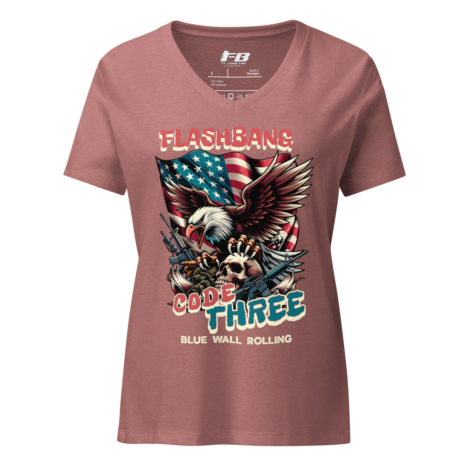 Maroon t-shirt with graphic design featuring an eagle, American flag, and text on a white background