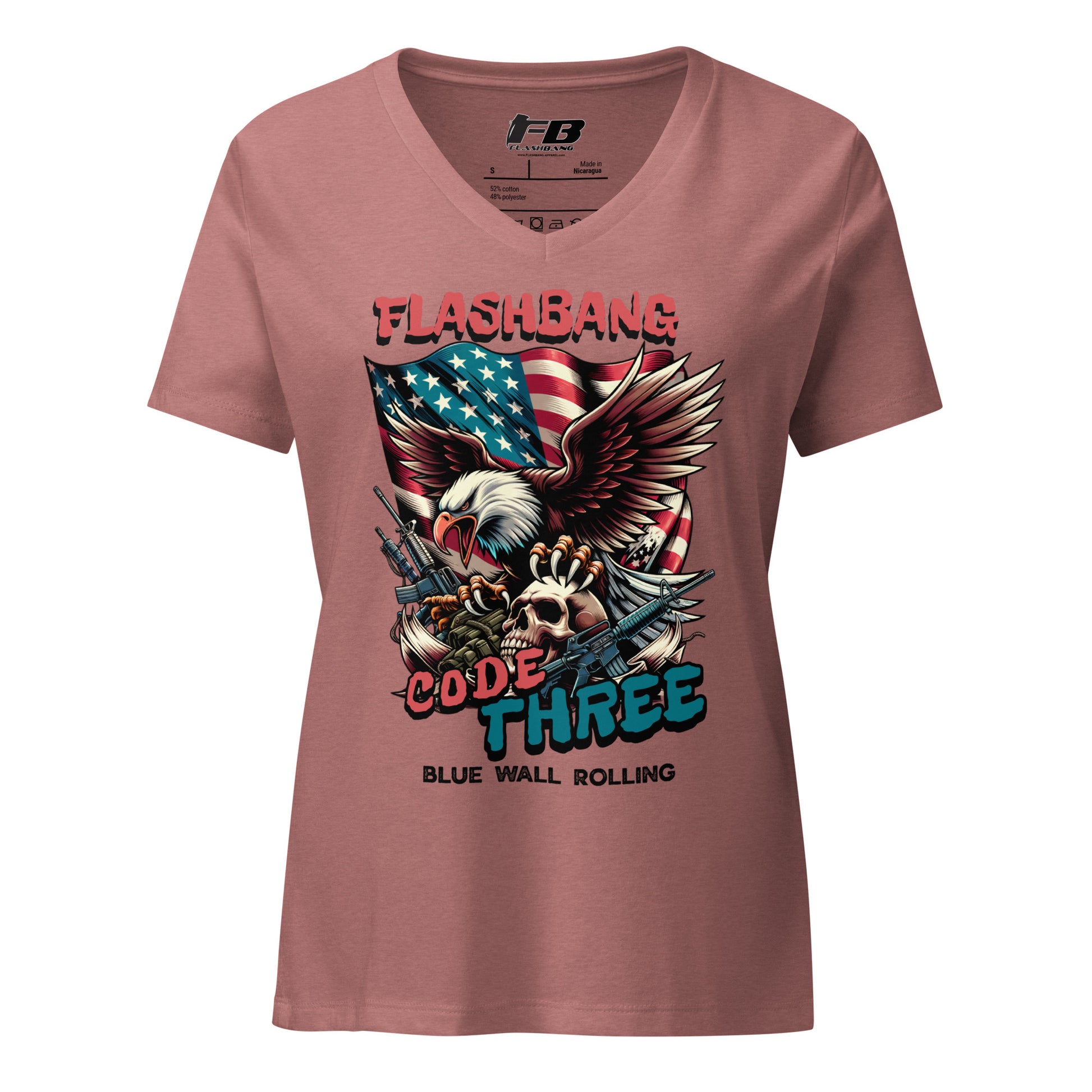 Pink t-shirt with graphic design featuring an eagle, American flag, and text on a white background