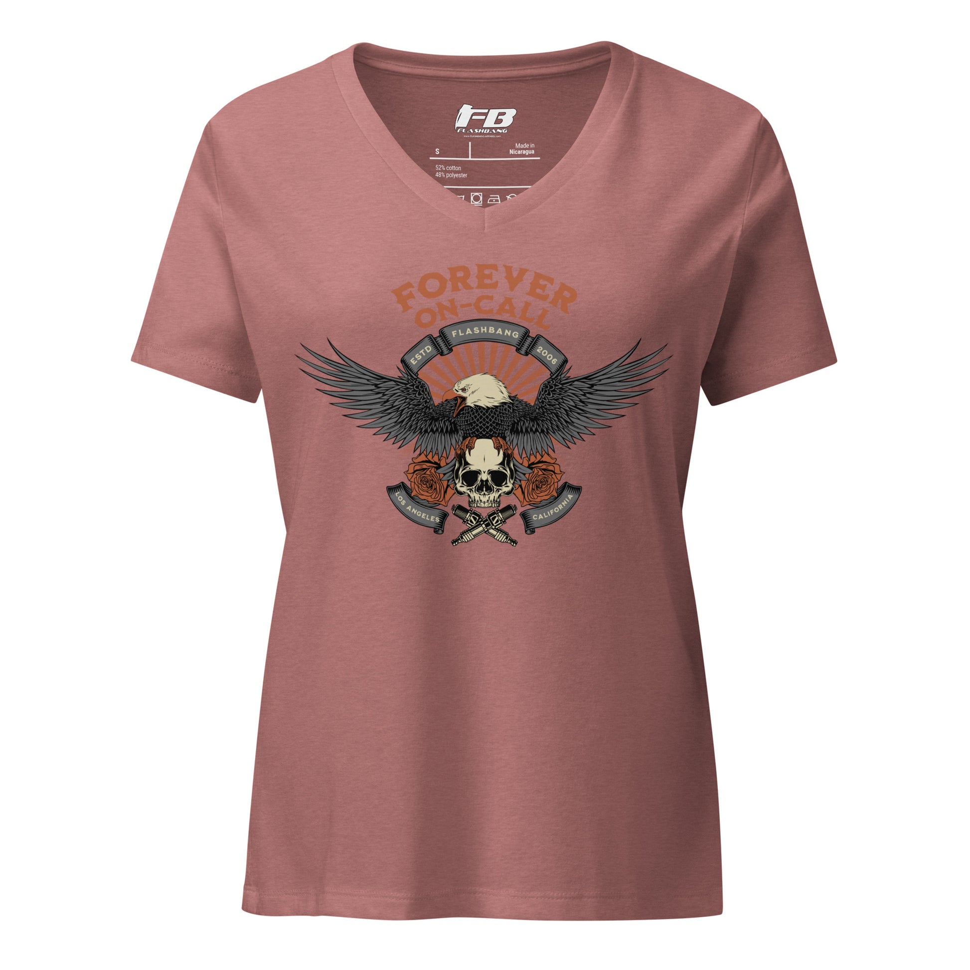 Maroon t-shirt with eagle and skull graphic on a white background