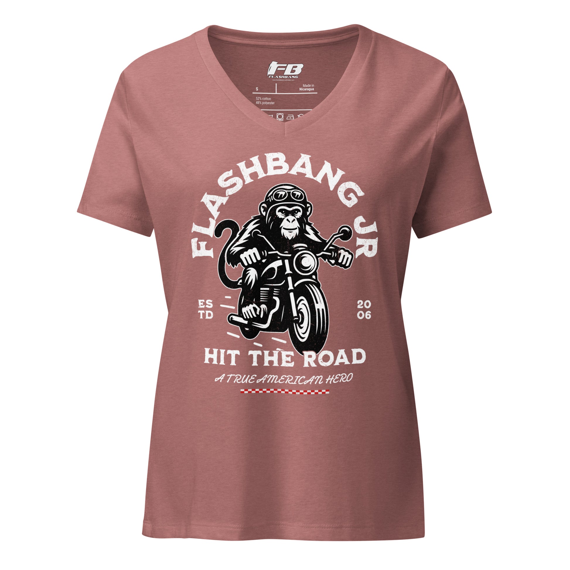 Maroon t-shirt with monkey on a motorcycle graphic and text on a white background