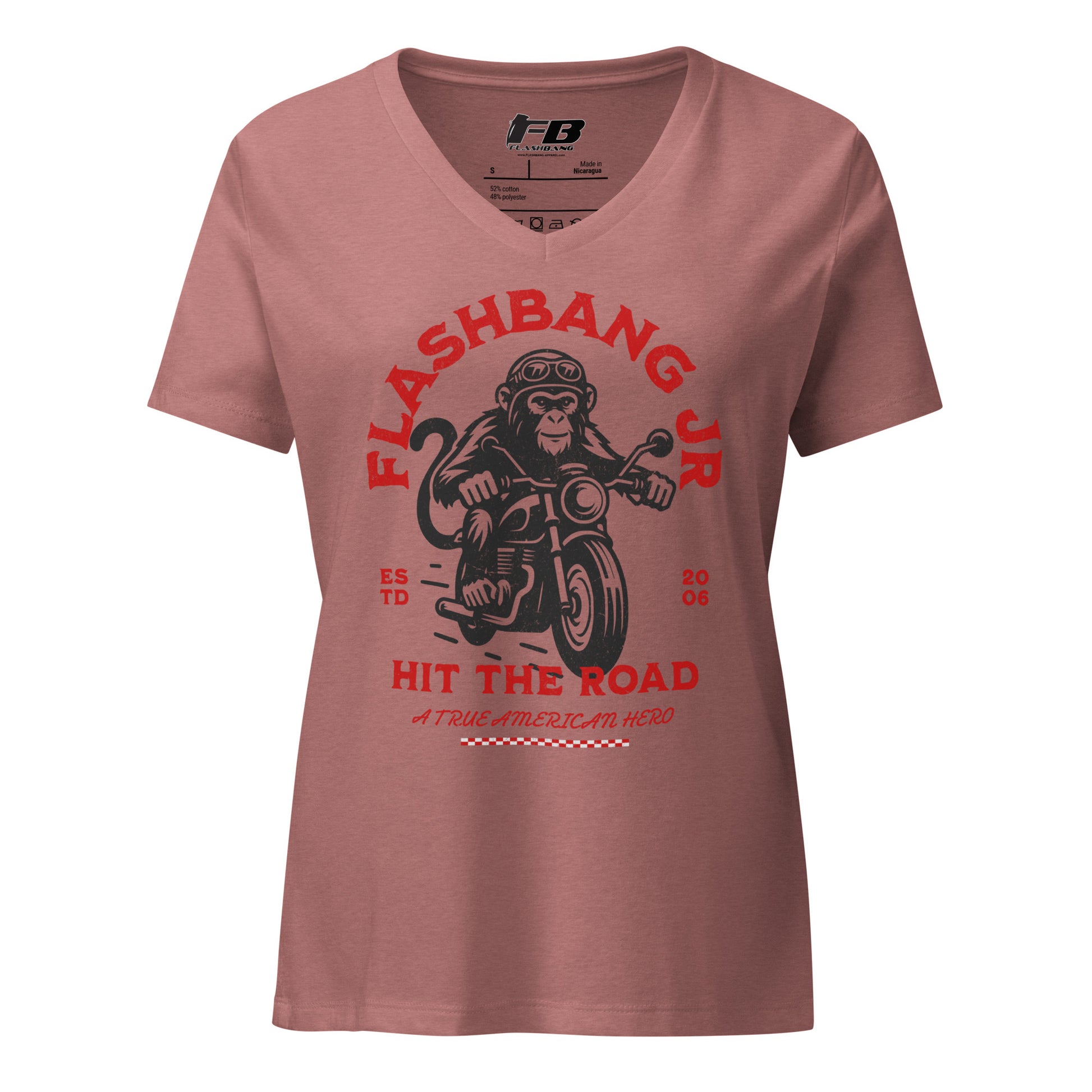 Pink t-shirt with monkey on a motorcycle graphic and text on a white background