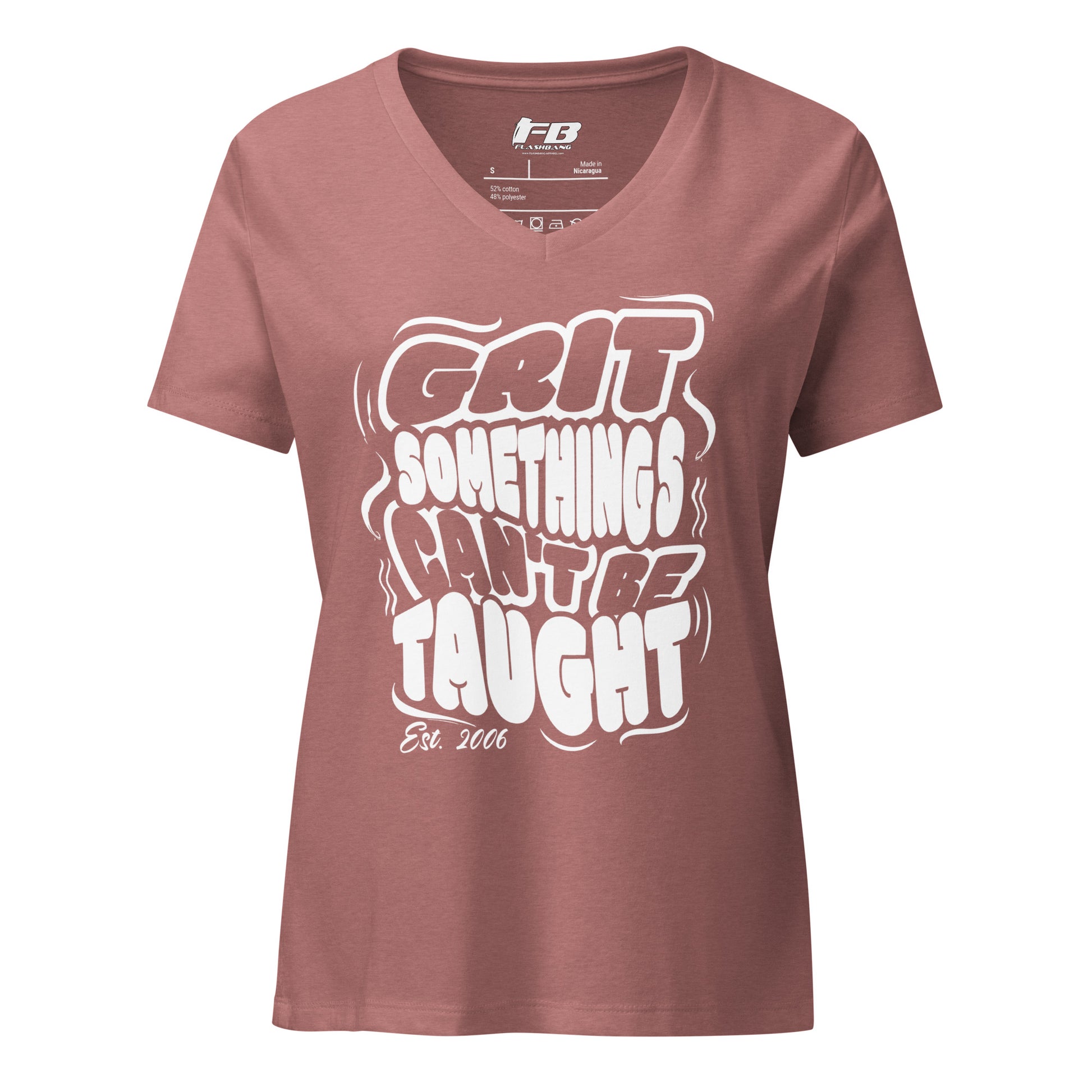 Mauve t-shirt with white text on a white background