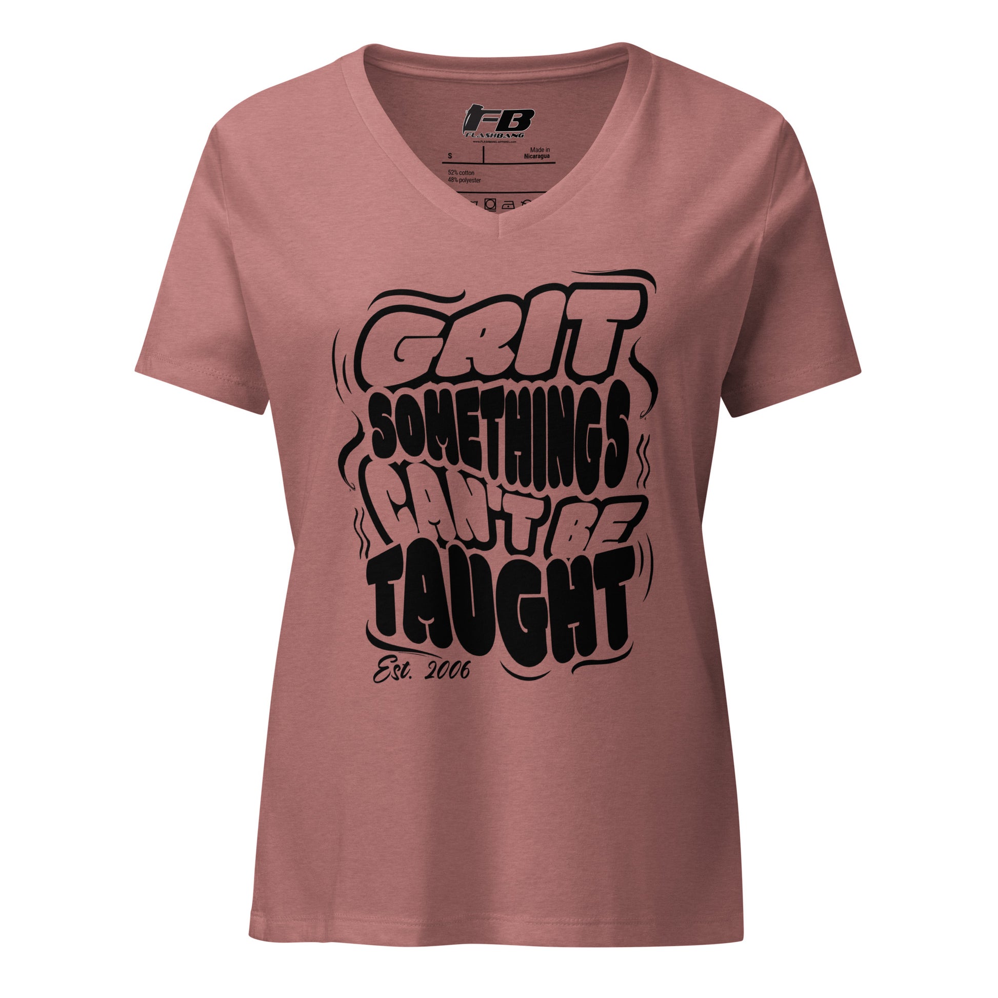 Pink t-shirt with black text on a white background
