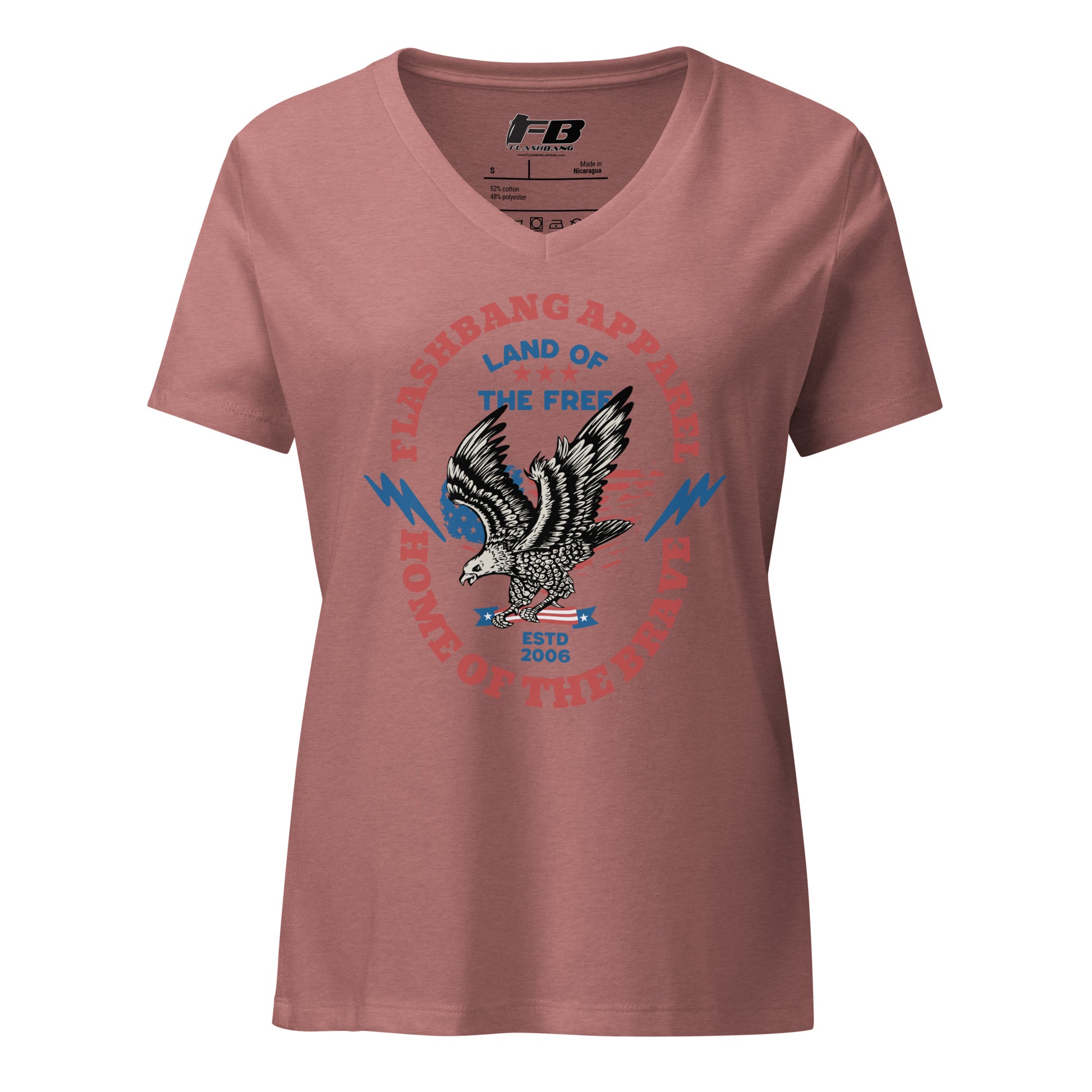 Pink t-shirt with eagle graphic and text on a white background