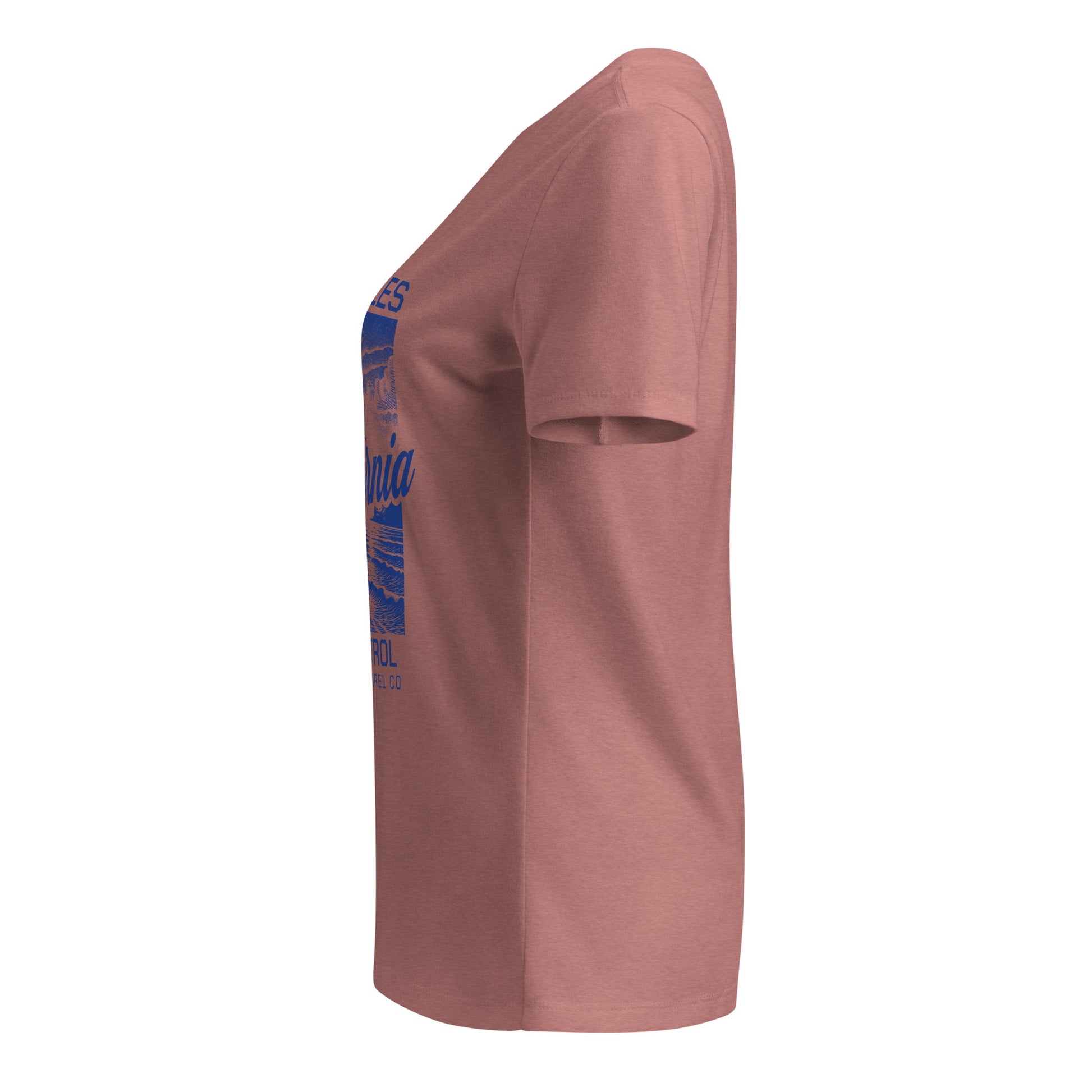 Pink t-shirt with blue text on a white background