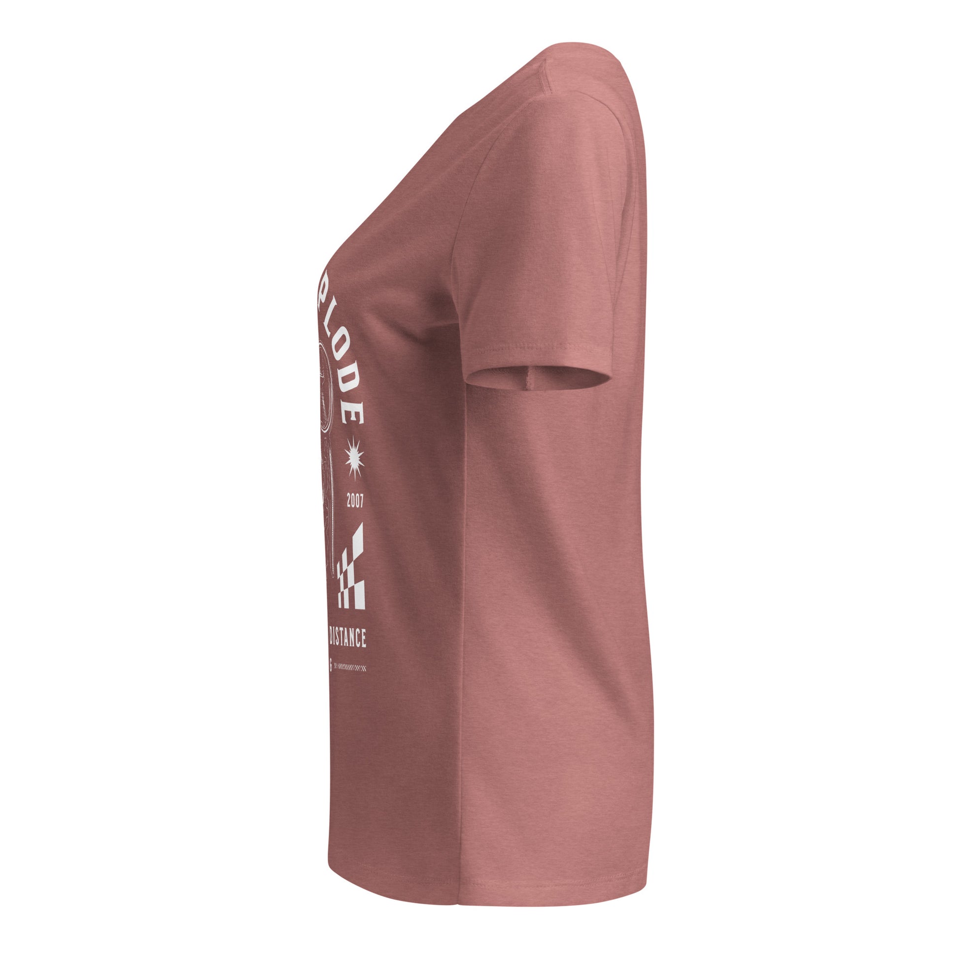 Mauve t-shirt with white graphic on a white background