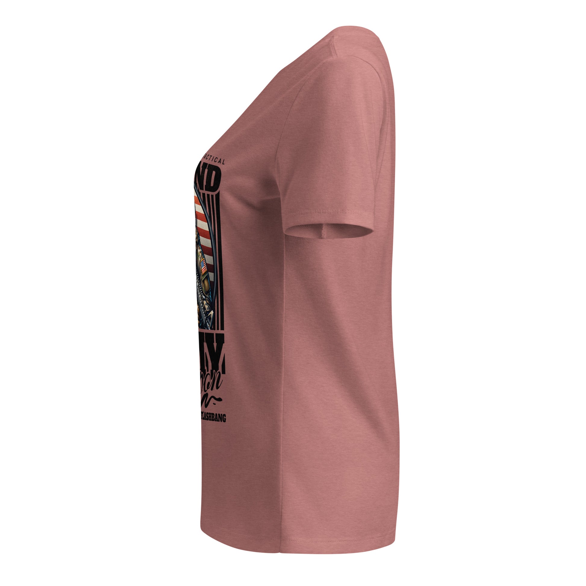 Pink t-shirt with a graphic design on the sleeve against a white background