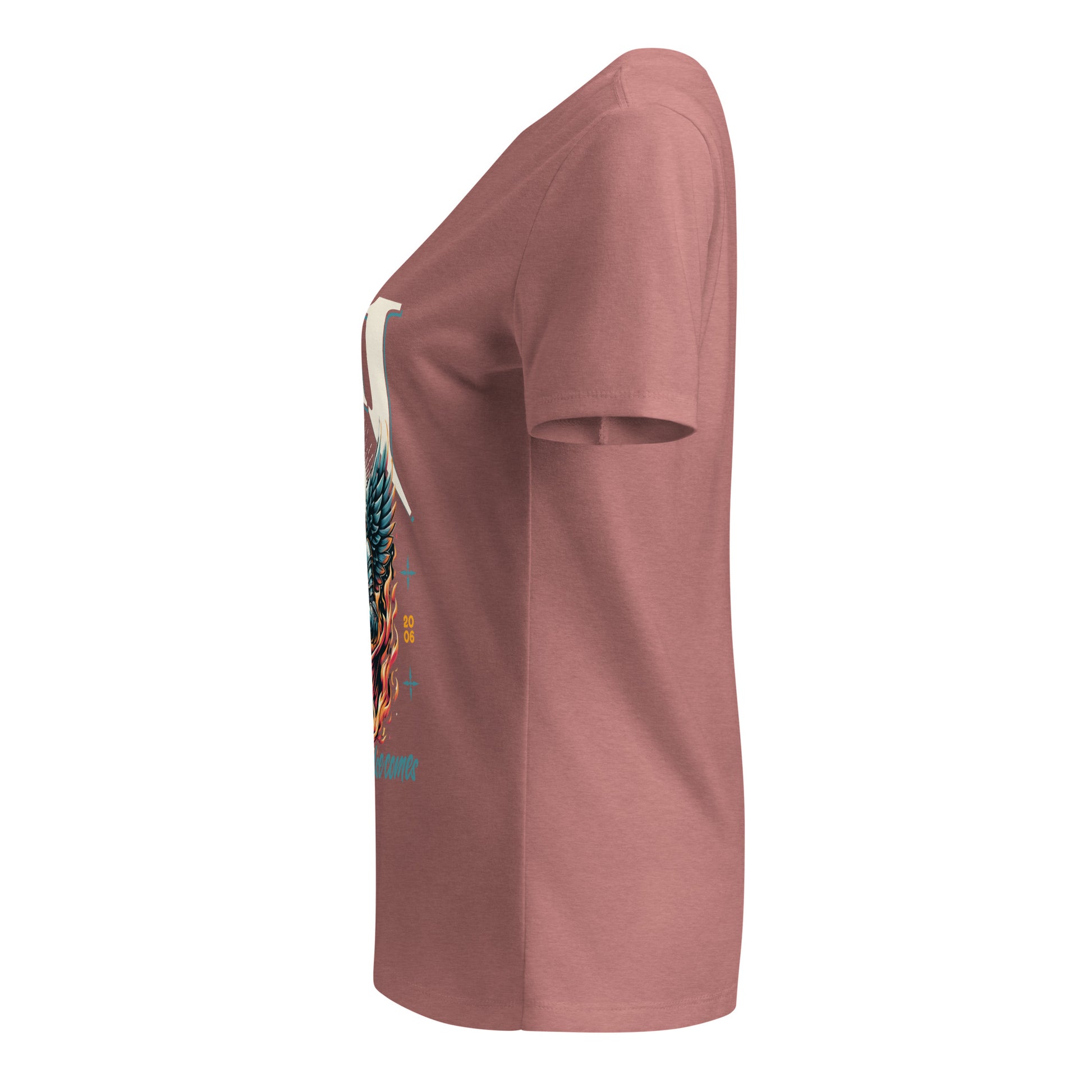 Pink t-shirt with a colorful graphic on a white background