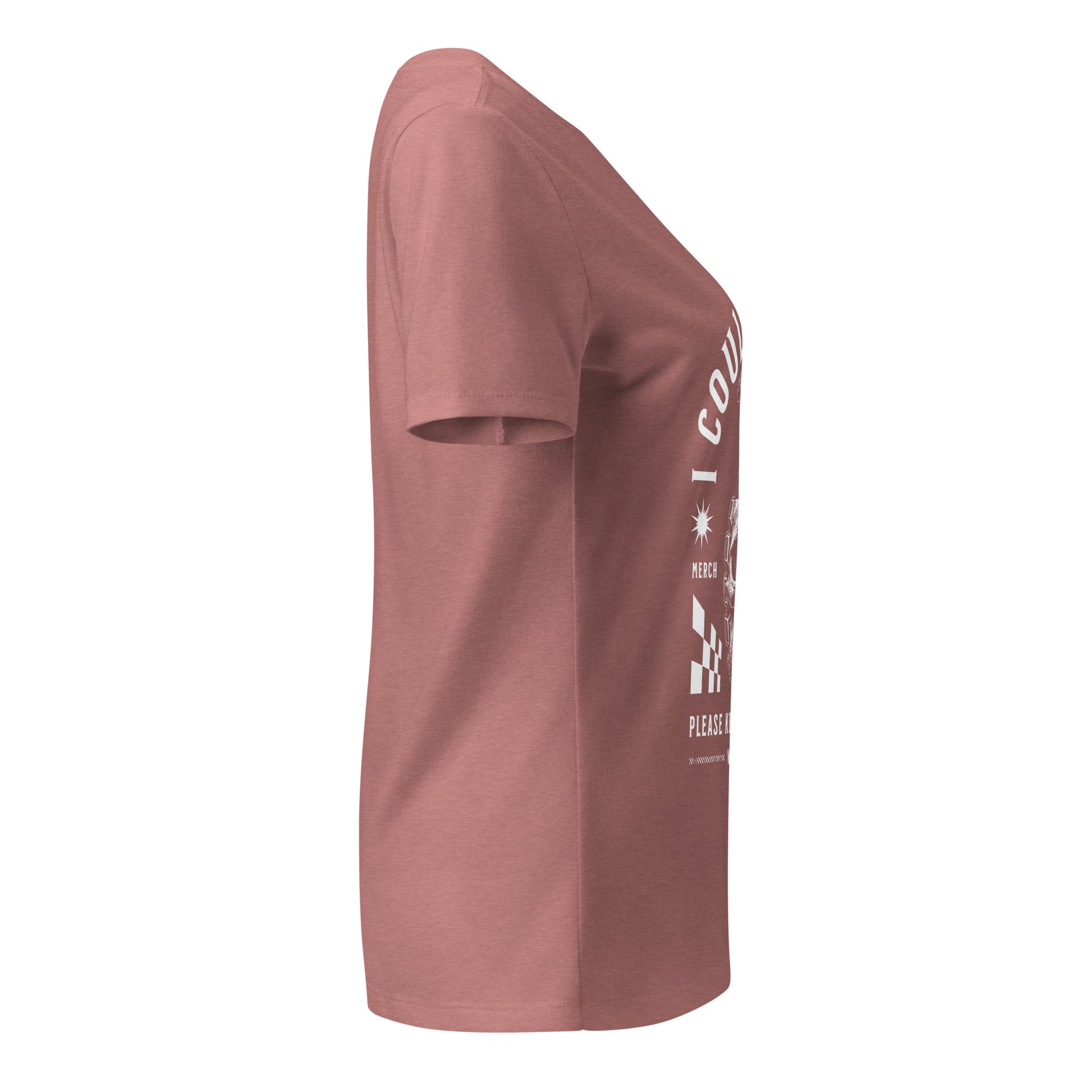 Pink t-shirt with white text and graphics on a white background