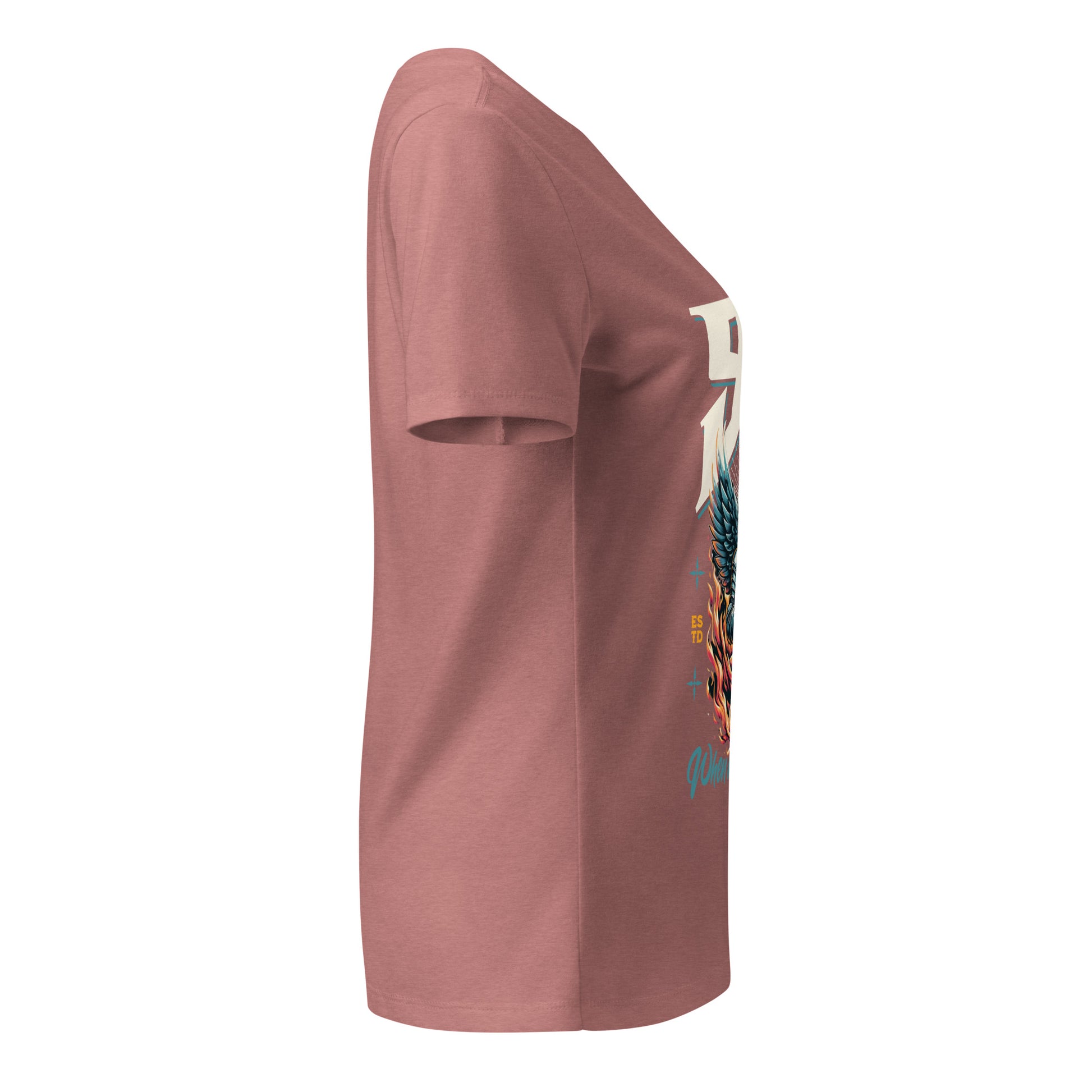 Mauve t-shirt with a colorful graphic on a white background