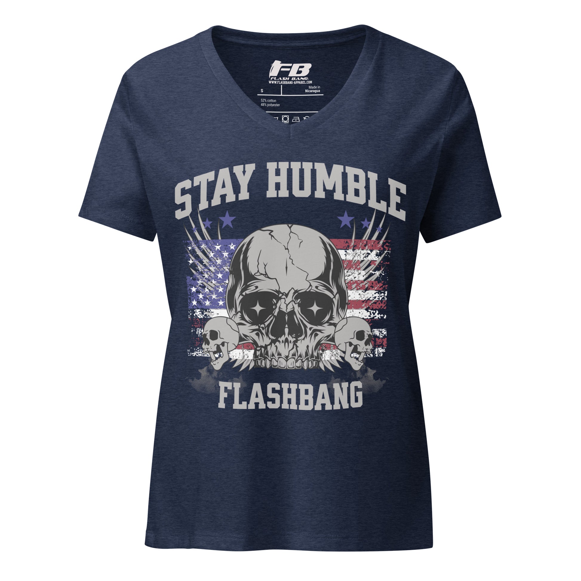 Navy blue t-shirt with skull graphic and 'Stay Humble Flashbang' text on a white background