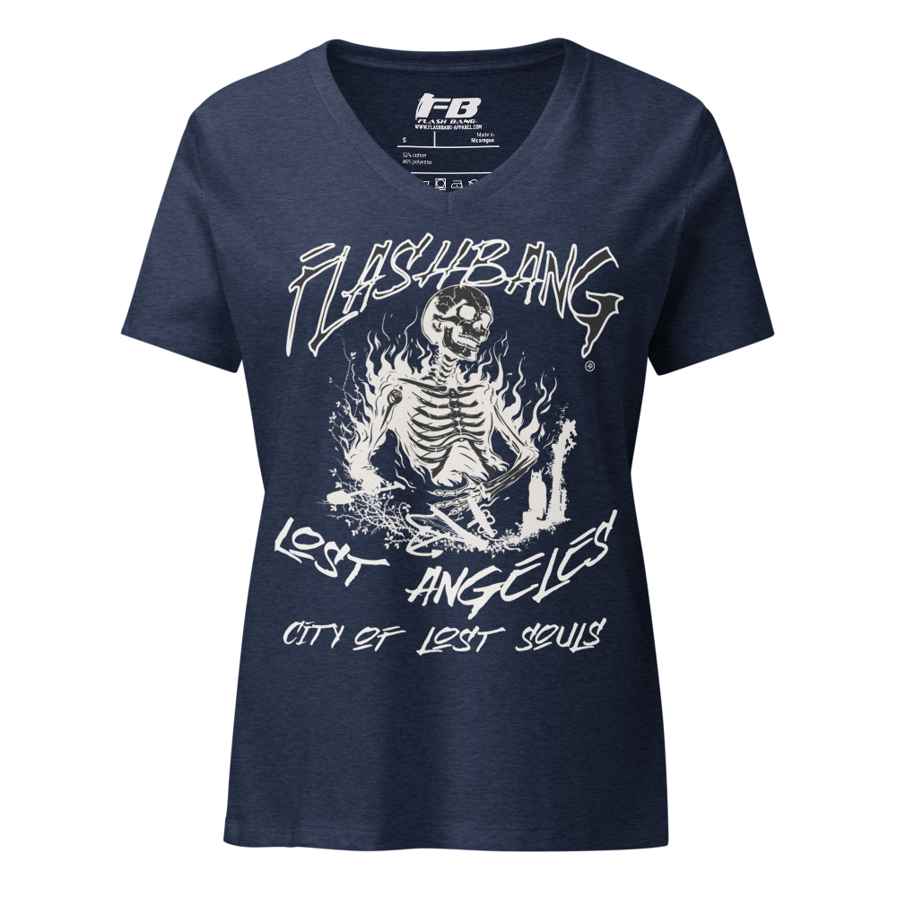 Navy blue t-shirt with white graphic design and text on a white background