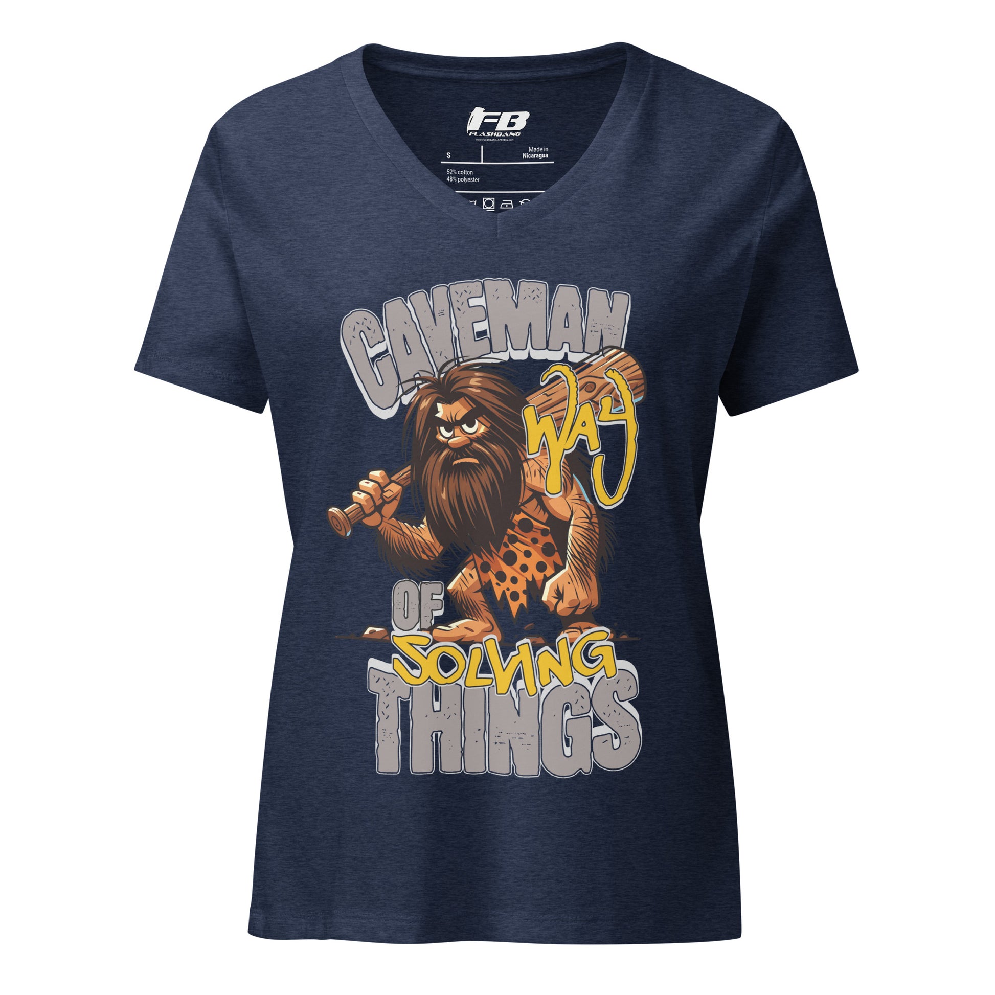 Navy blue t-shirt with a caveman graphic and text on a white background