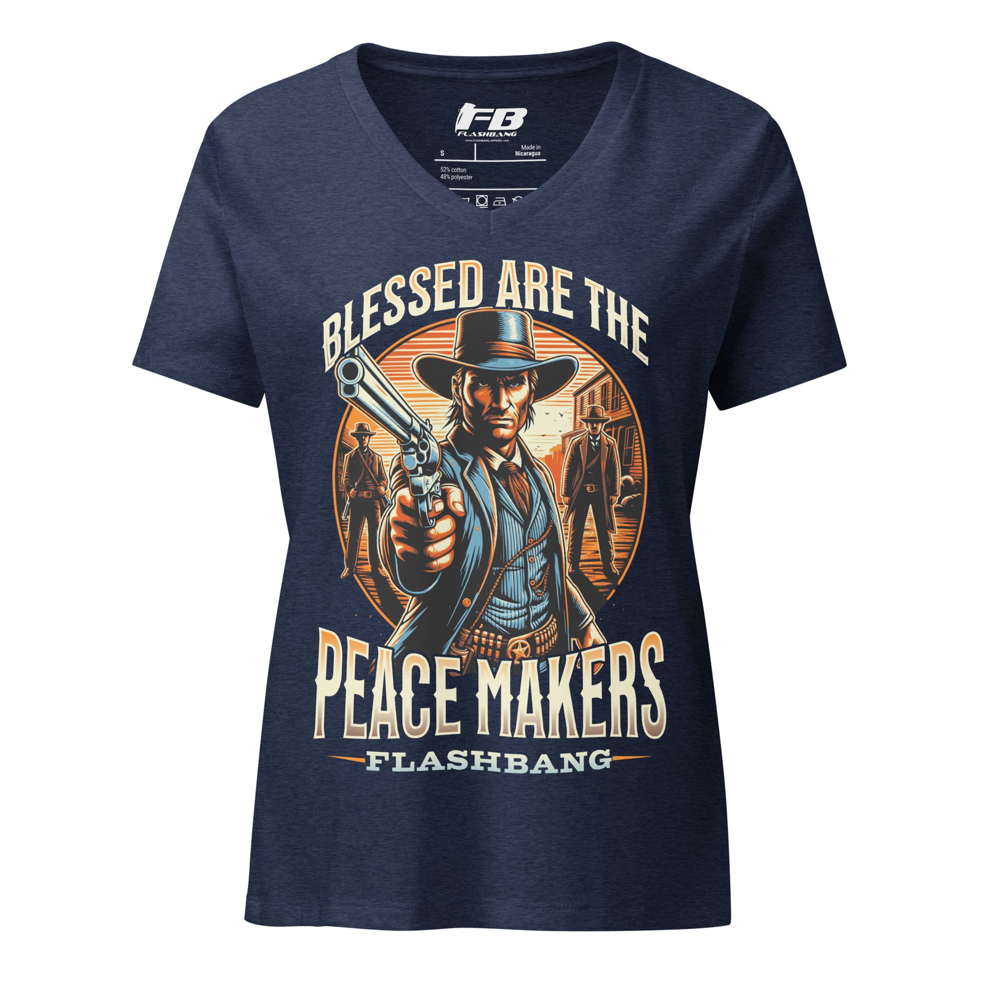 Navy blue t-shirt with a graphic design and text on a white background