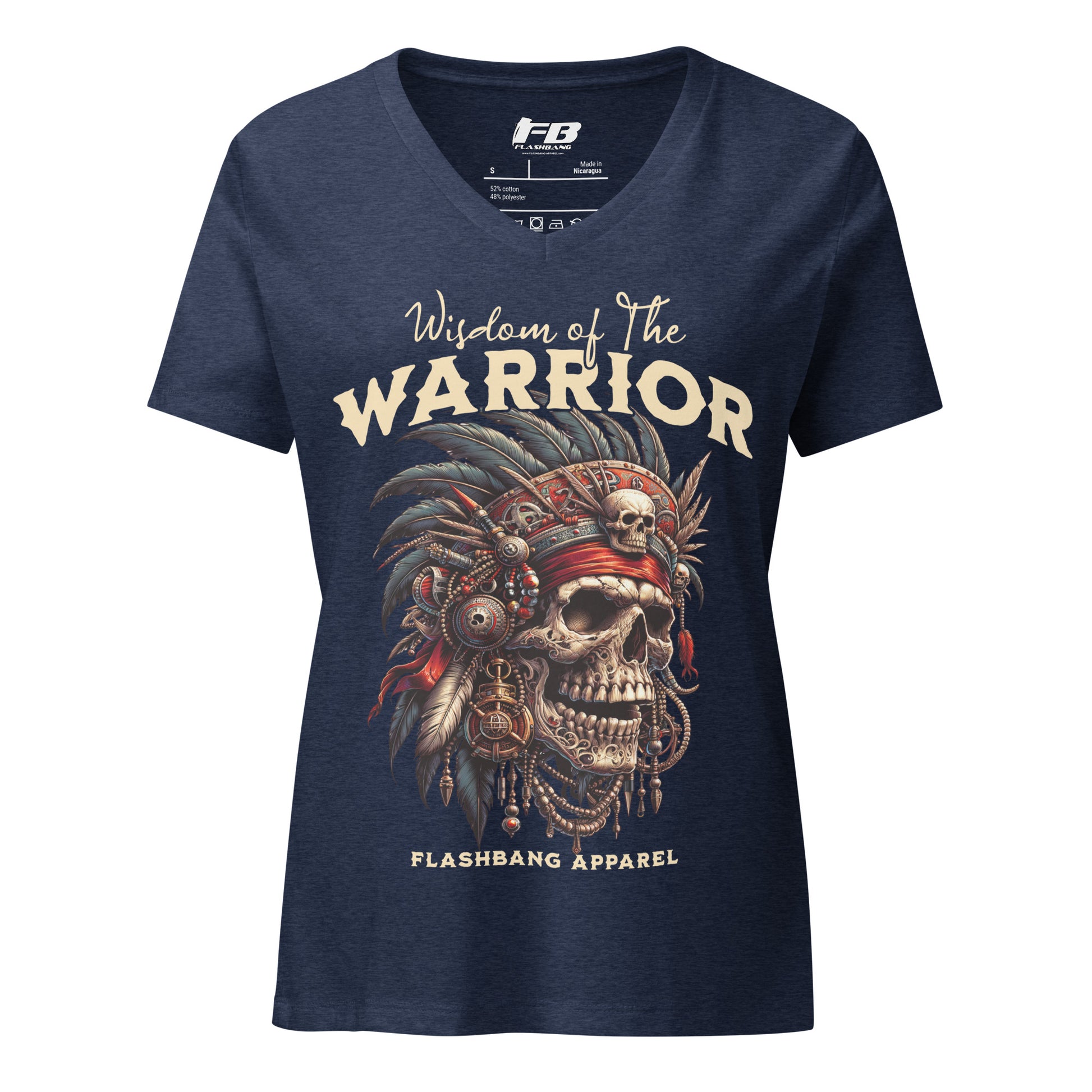 Navy blue t-shirt with 'Warrior' design and 'Flashbang Apparel' branding on a white background