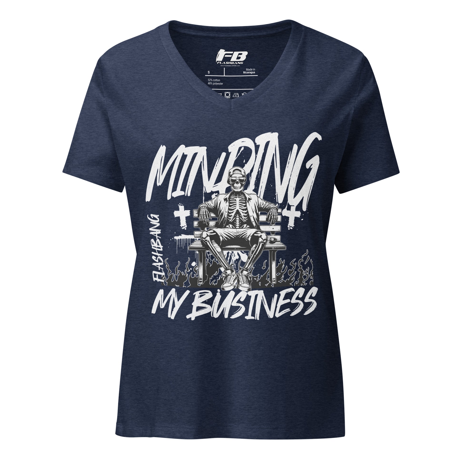 Navy blue t-shirt with white graphic and text on a white background