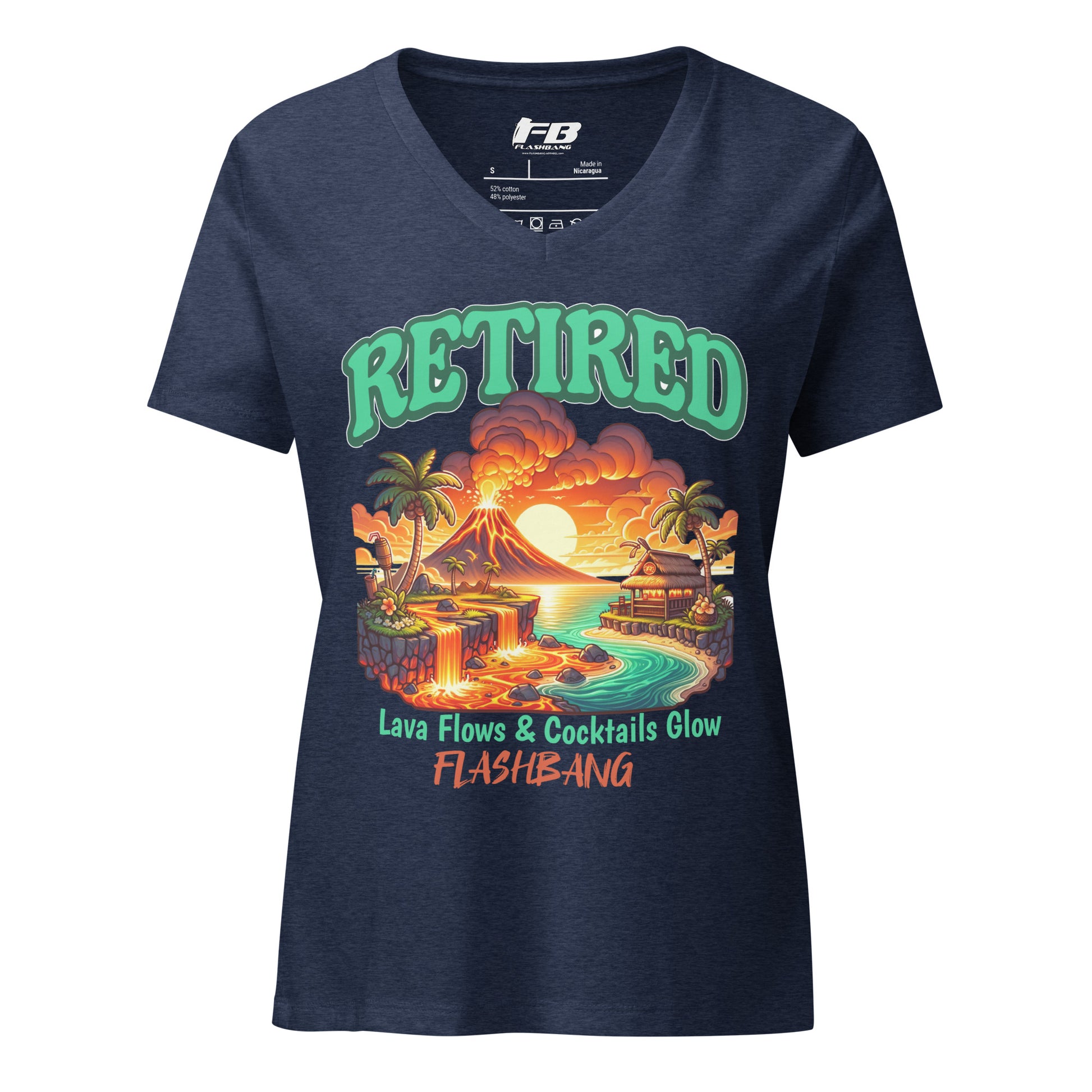 Navy blue t-shirt with a tropical graphic and 'RETired' text on a white background
