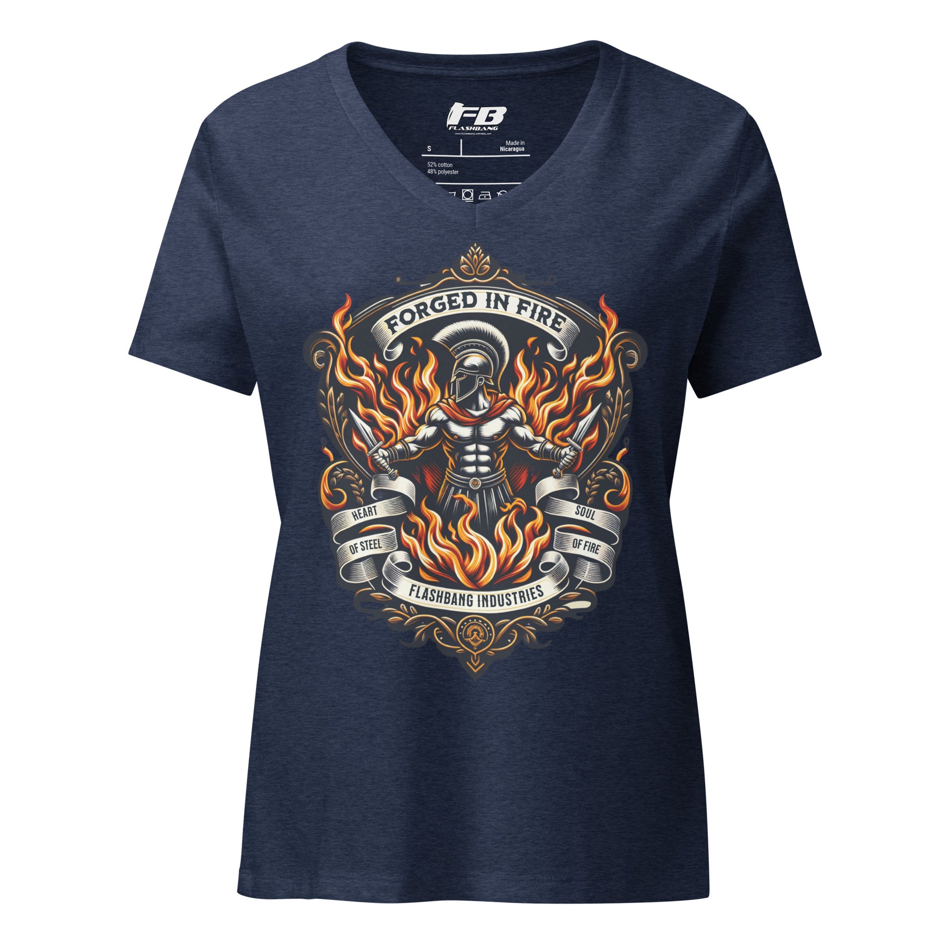 Navy blue t-shirt with 'Forged in Fire' graphic design on a white background